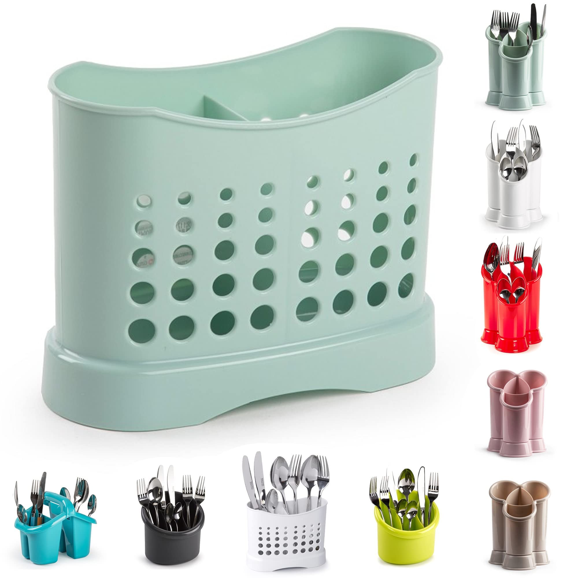Plastific Mint Green - Design 1 2 Compartments High Grade Plastic Sink Tidy Cutlery Drainer Caddy Holder, Utensil Drainer For Home And Kitchen (Mint Green - Design 1)