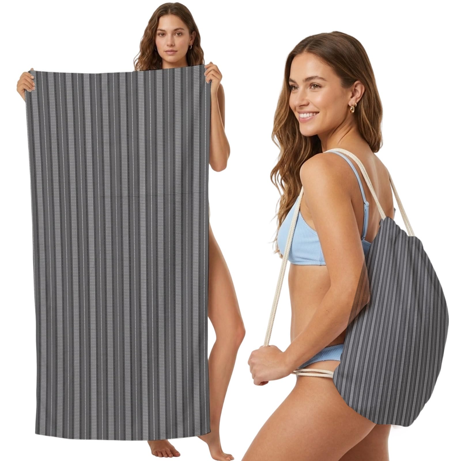 Beach Towel Bag 2 in 1 Grey Pinstripes Bath Pool Towels Backpack Modern Lines Vertical Stripes Absorbent Beach Towel Soft Quick Dry Lightweight Packable Towels Drawstring Bag for Travel Sports Yoga