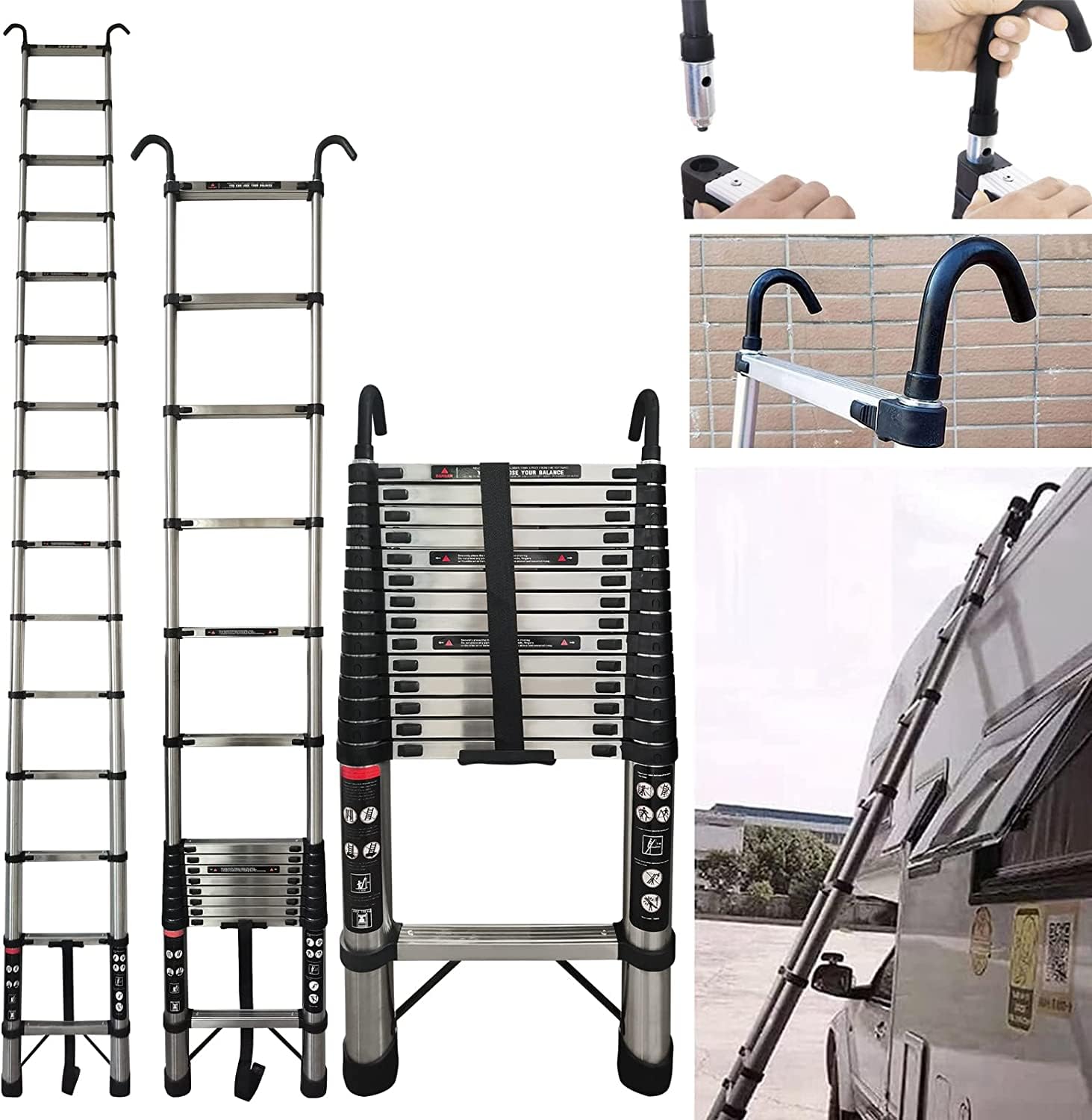 4.4M Telescopic Ladder with Hooks, Stainless Steel Folding Extension Ladder 14.4FT, Non-Slip Feet, Load 150kg/330lb, Multi-Purpose Collapsible Ladder for Household Outdoor Working