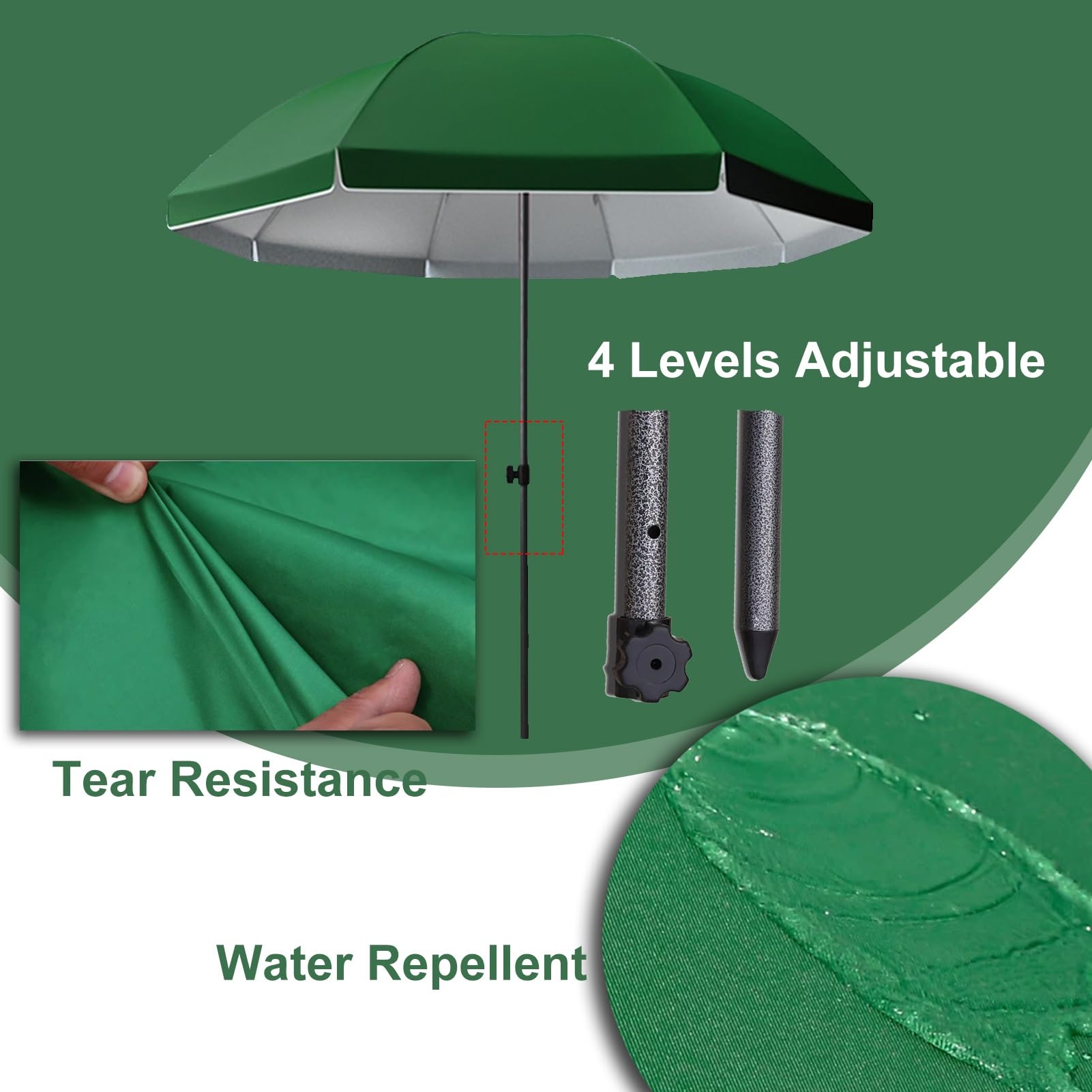 220-280 cm Okrągły Parasol ogrodowy, UV 50+ Parasol stołowy na rynku zewnętrznym, Przenośny wiatroszczelny Parasol plażowy na taras/podwórko/basen(Green,280cm/9ft)