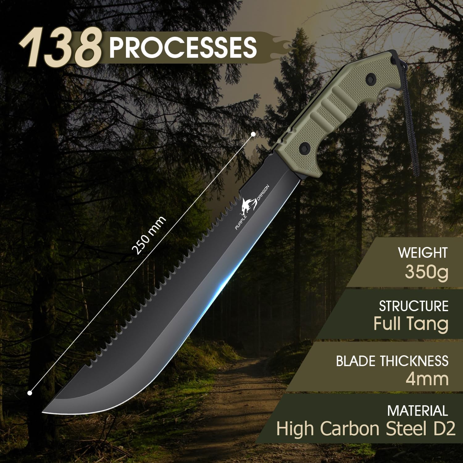 Purple Dragon Grande coltello da esterno con fodero, coltello Full Tang realizzato in un unico pezzo di acciaio D2, coltello da sopravvivenza