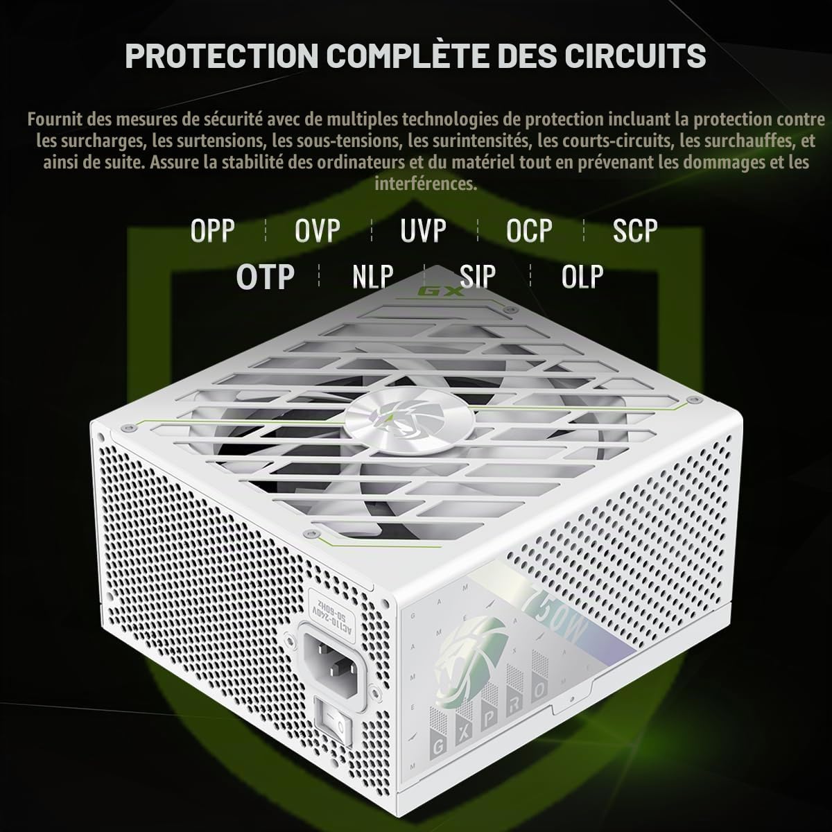 GAMEMAX GXPRO 750G WH Alimentation PC 750W, Totalement Modulaire, ATX 3.1 PCIe 5.1 avec Connexion 12V-2×6, 80 Plus Gold, Condensateurs Japonais 105°C, 7 Mécanismes de Protection, Garantie 10 Ans
