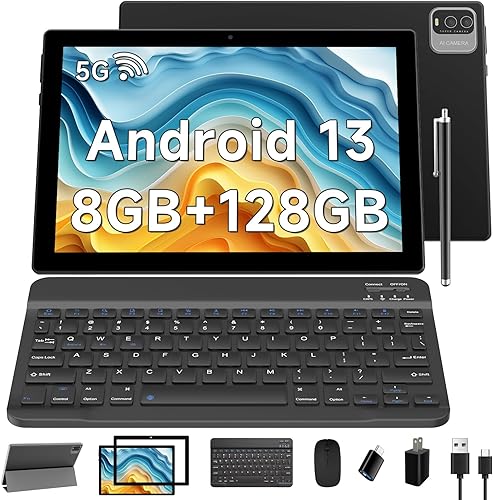 Tablet Android 13 de 10.1 pulgadas, tableta Android 2 en 1 con funda para teclado, 8GB+128GB ROM1TB tabletas, Quad Core, pantalla táctil HD, Dual