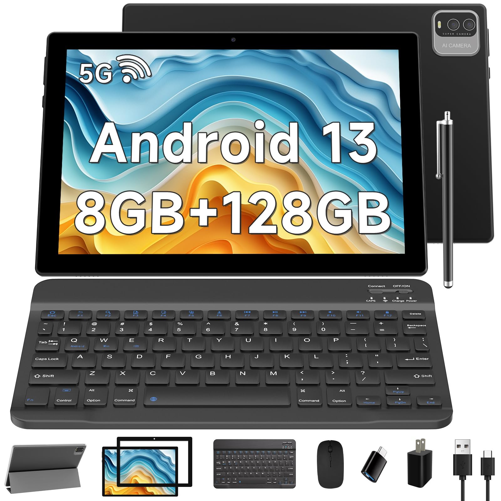 Android 13 Tablet 10.1 Inch, Android 2 in 1 Tablet with Keyboard Case, 8GB+128GB ROM/1TB Tablets, Quad Core, HD Touch Screen, Dual Carema, Games, 2.4G/5G Wi-Fi 6,BT, GMS Certified