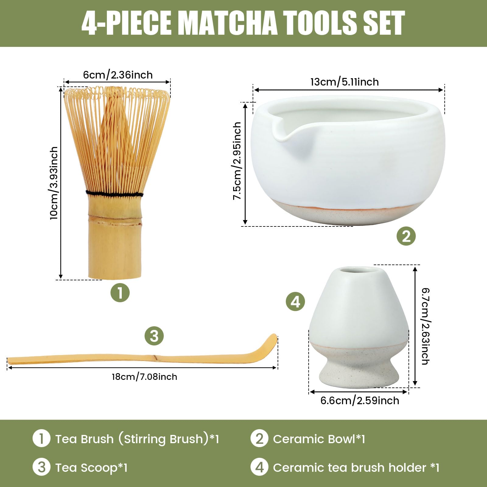 Hevtsde 4PCS Matcha Whisk Set, Handcrafted Bamboo Matcha Whisk Set, Matcha Tea Whisk, Bamboo Whisk Matcha Tea Set, Matcha Making Kit with Matcha Whisk Bowl Whisk Holder Scoop for Tea Lovers(White)