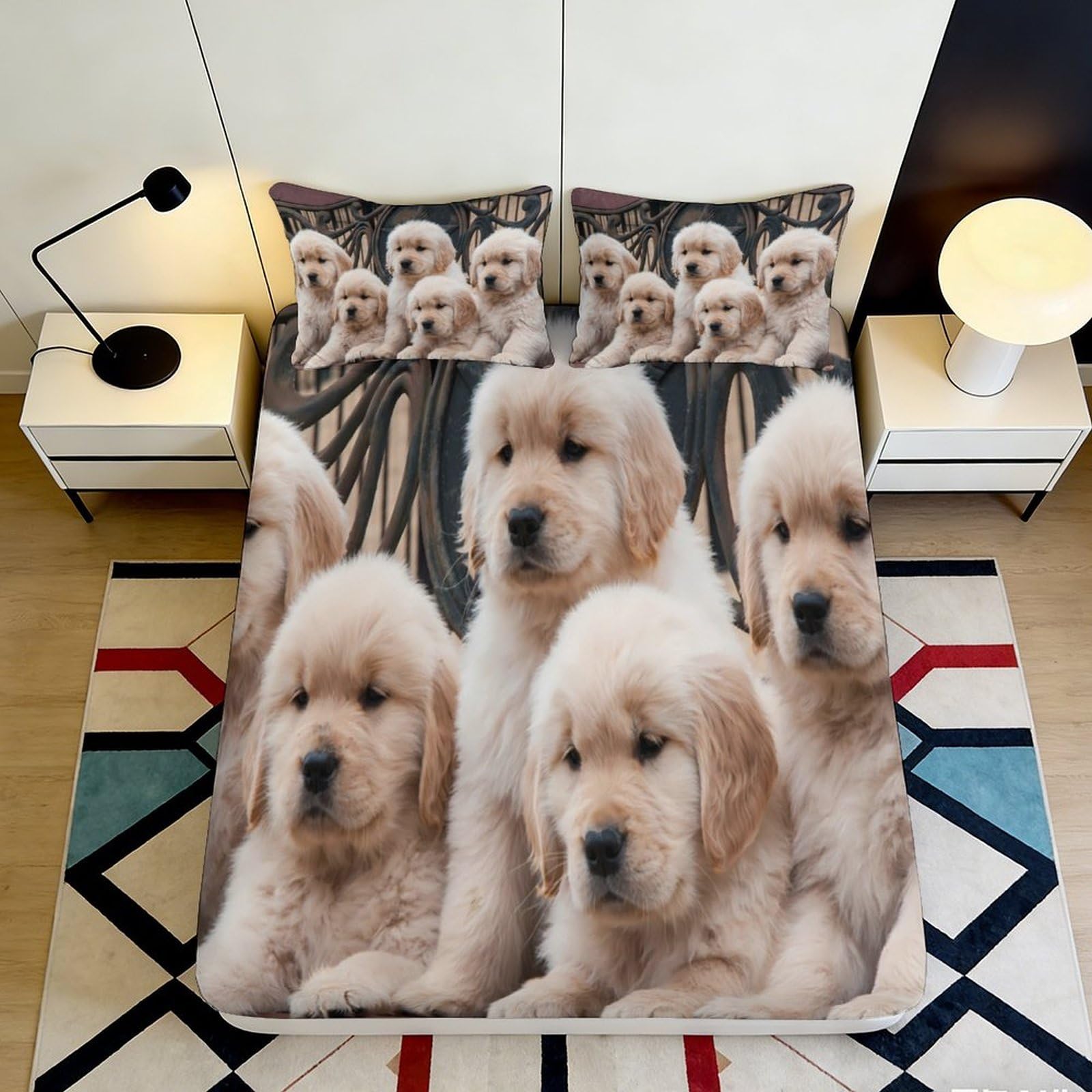 3D Printed Golden Retriever Puppy Fitted Sheet Microfiber Soft Anti-Slip Bed Cover Decor for Bedroom Guest Room 90x200x25cm