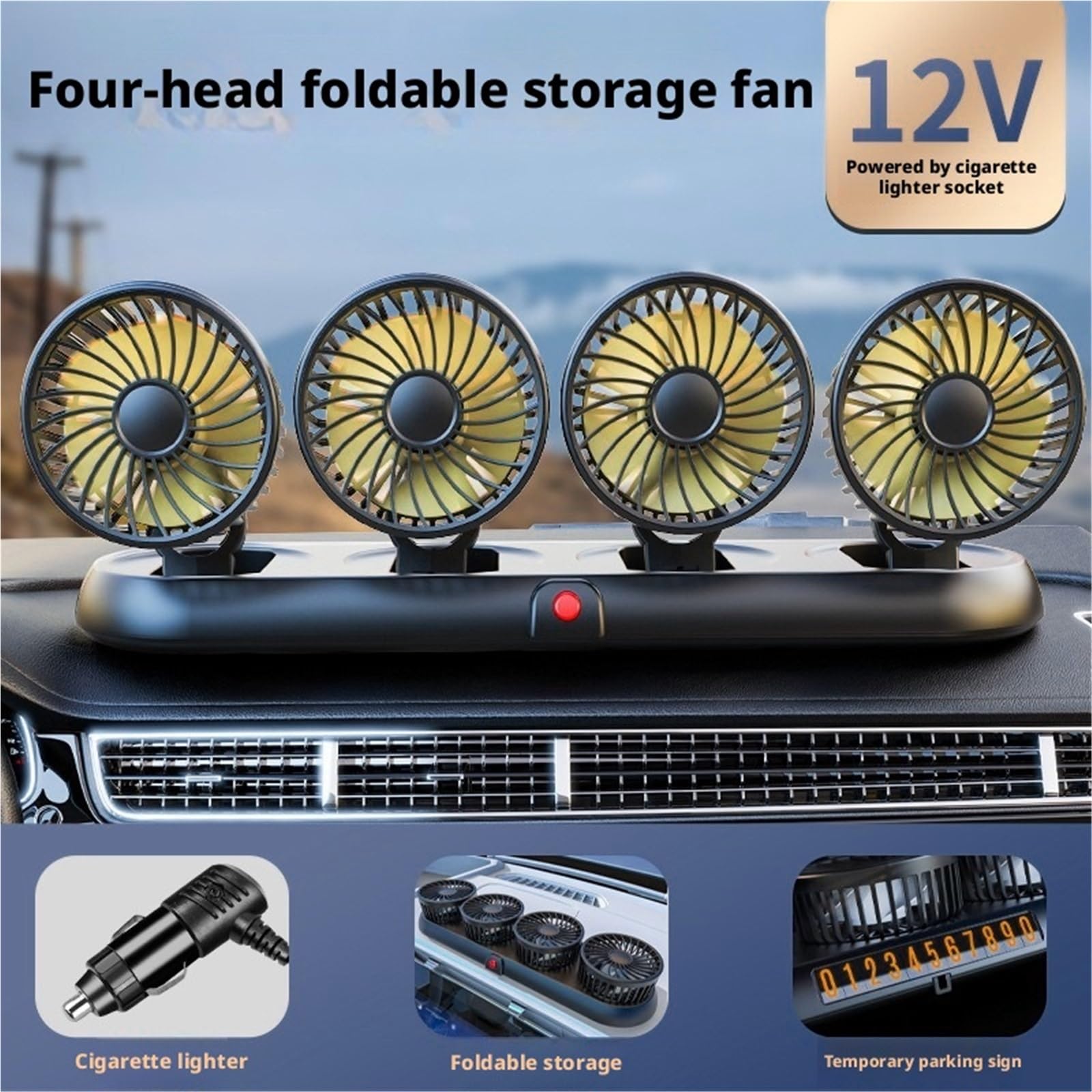 Ventilatore Elettrico Automobilistico Regolabile A 360° Auto USB 5V/12V/24V | Ventola USB 5V//12V/24V Ventola silenziosa per auto a 3 velocità per casa, scrivania, ufficio e auto(Yellow 4-head 12V)