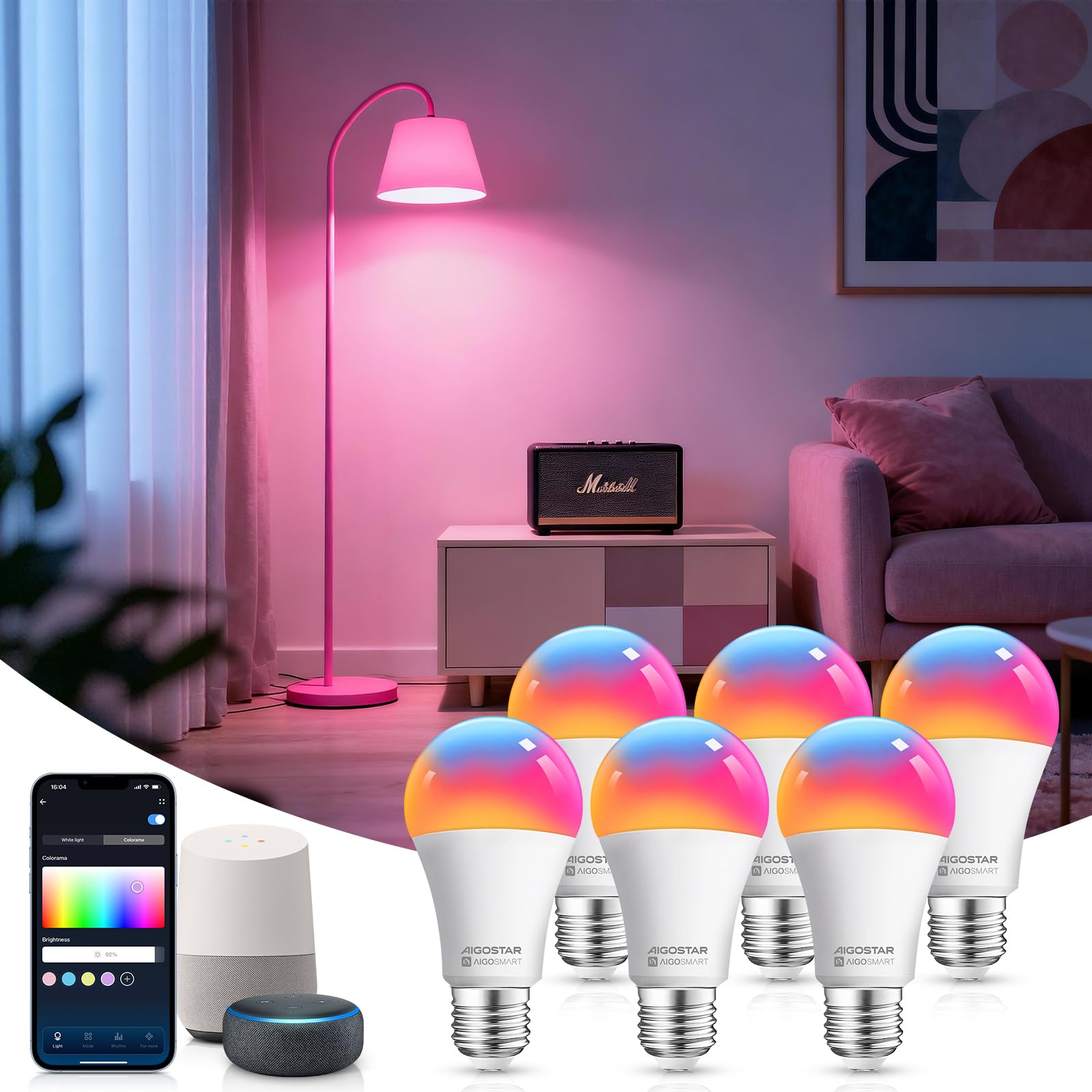 Aigostar Lampadina Alexa E27 SL2 WiFi Lampadine Smart LED 9W 806LM, Lampadina Intelligente RGBCCT Dimmerabile, 2700K-6500K, sincronizza con la musica, compatibile con Alexa/Google Home, 6 pezzi