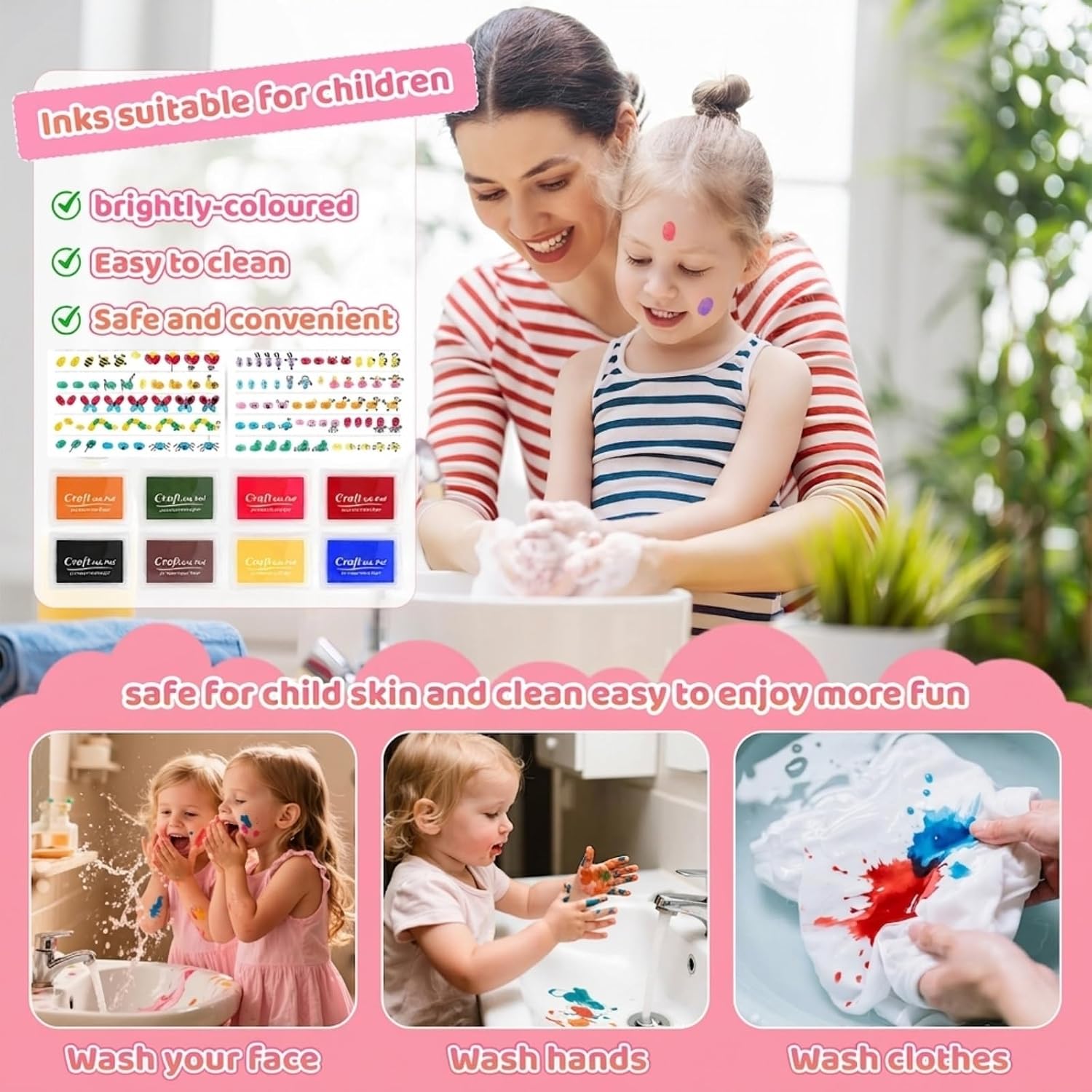 HAFFUZI Washable Stamp Pads for Kids, Ink Pads for Rubber Stamps, 8 Color Craft Ink Pads for DIY,Paper,Fabric Wood, Scrapbooking,Fingerprint Stamps