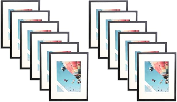 The Display Guys - 12-Pack V-Series 16x20 Black Wooden Picture Frames - 11x14 Mat - Plexiglass - Low Profile - Wall Hanging