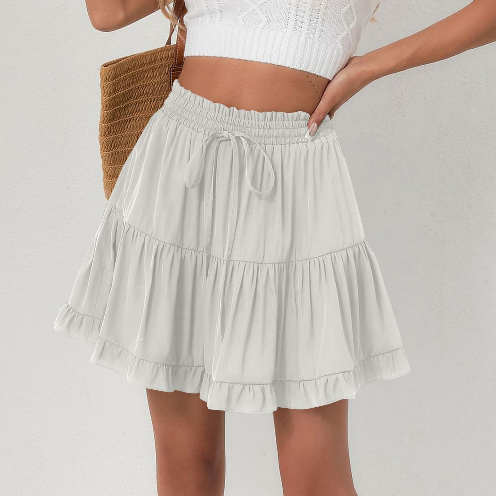 Womens Ruffle Mini Skirt with Shorts Y2K Trendy Flowy Boho Skirt Elastic Waist Beach Vacation Short Skirts Comfy Tiered Cute Butterfly Shorts Flared Ruched A Line Skirts