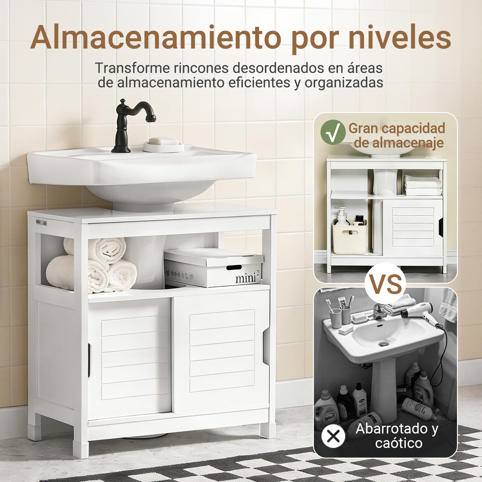 SoBuy Mueble bajo Lavabo con Puertas Correderas y Alfombrillas Impermeables -Mueble Baño, Muebles auxiliares de Baño Blanco, 60x30x60cm, FRG128-II-W