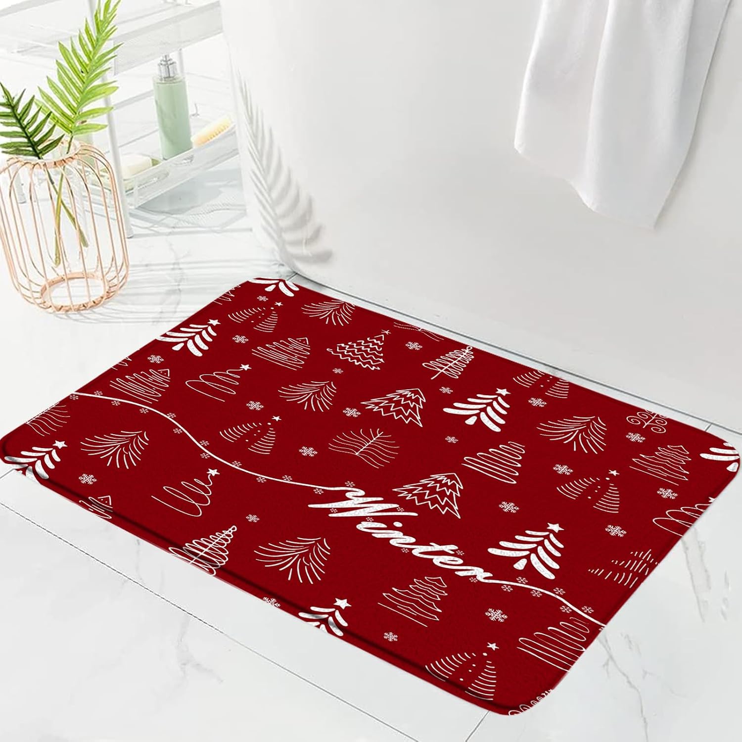 Christmas Tree Bath Mat Red Xmas Trees Snowflake Winter Holiday New Year,Red 24"x60" Microfiber Memory Foam Bathroom Kitchen Toilet Floor Decor Mat