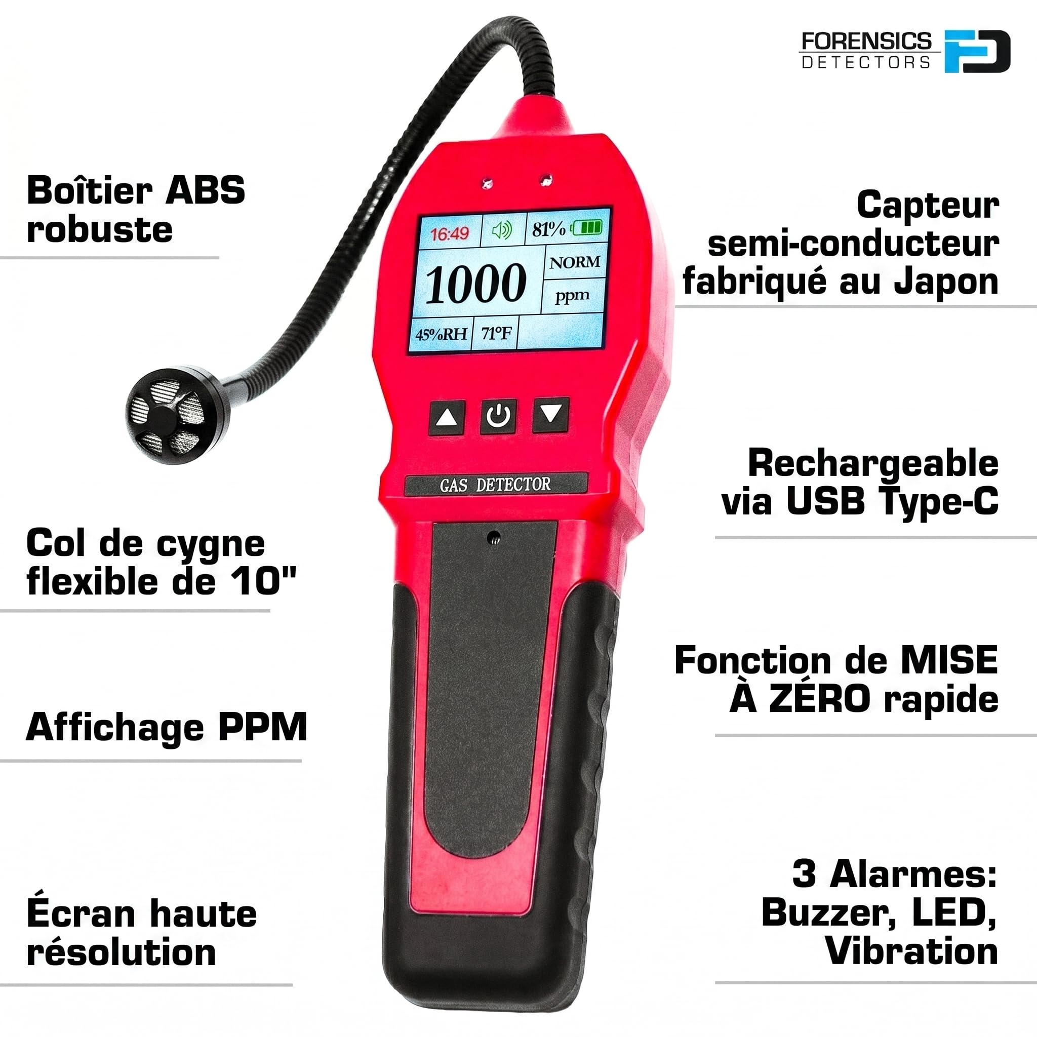 Détecteur Professionnel de Fuites de Gaz | Alarmes Réglables | Affichage 0–10 000 ppm avec Résolution de 1 ppm | Batterie Li-ION | Gaz Naturel, Méthane et Combustibles