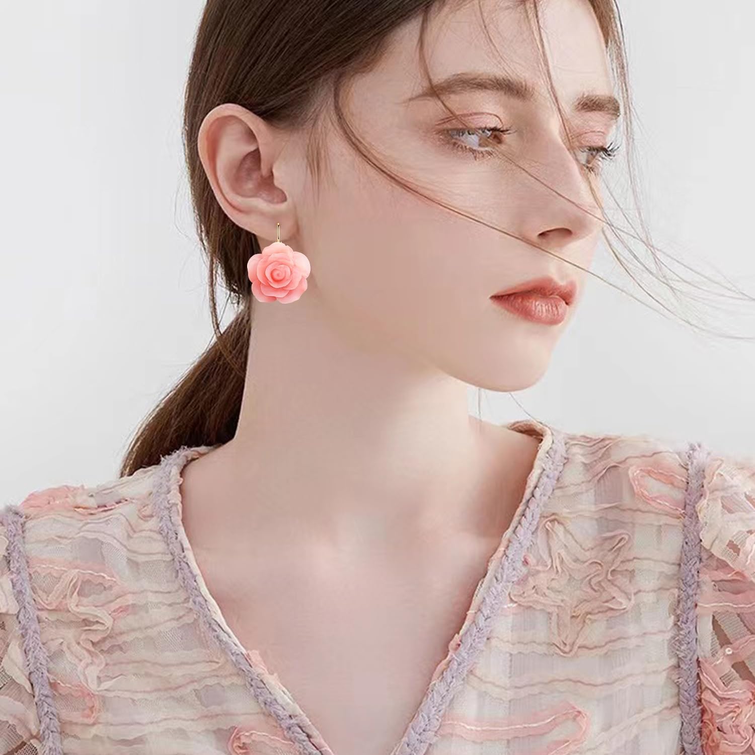 Handmade 14K Gold Acrylic Rose Flower Dangle Drop Earrings Camellia Floral Leverback Earrings for Women - Image 3