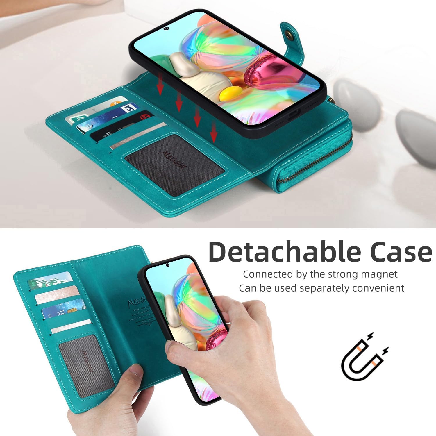 Compatible with Samsung Galaxy A71 4G Wallet Case Crossbody Shoulder Strap Card Holder Stand Multi-Function 2in 1 Detachable Magnetic and Cell Phone Cover for A 71 71A S71 A715F Women Men Blue