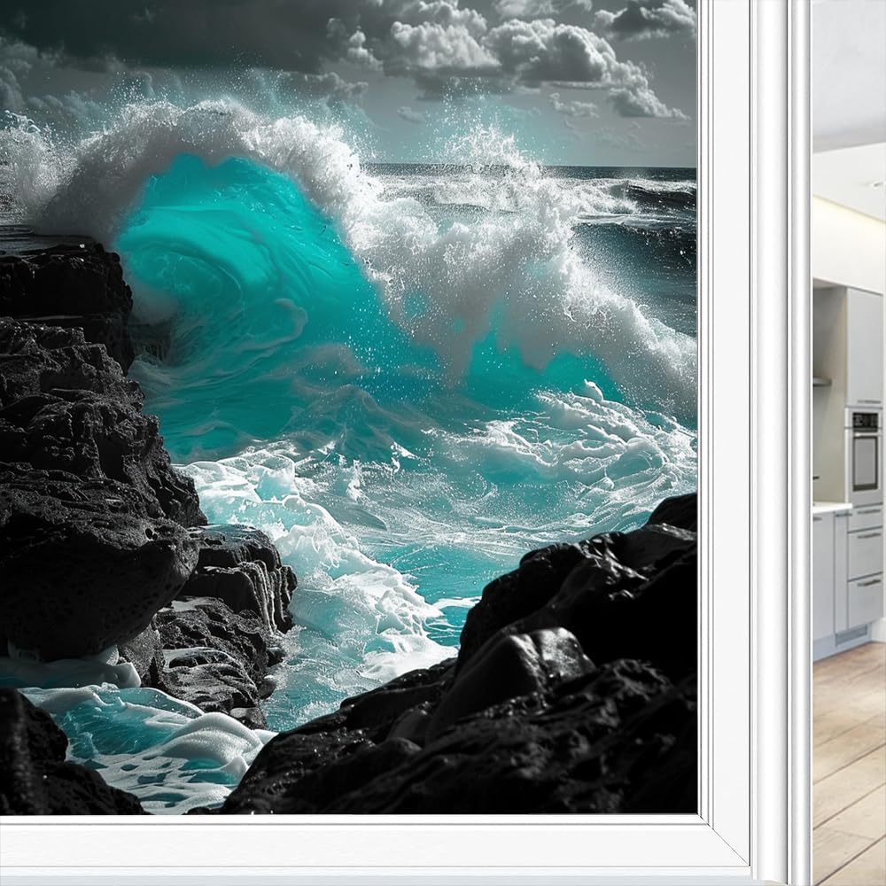 Fyfmushe Vintage Ocean Waves Vintage Sea Waves Window Film Privacy Blue Sea Nature Landscape Decorative Stained Static Cling Window Sticker For Home, 60X90 Cm