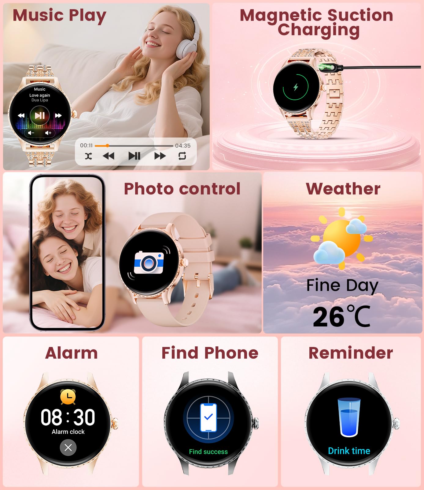 Smartwatch Donna Rotondo,1.32"Amoled Display/Chiamate Bluetooth, Orologio Smartwatch con Fisiologia Femminile/Frequenza Cardiaca/Sonno, 110+ Modalità Sportive IP68 per iOS Android Oro Rosa