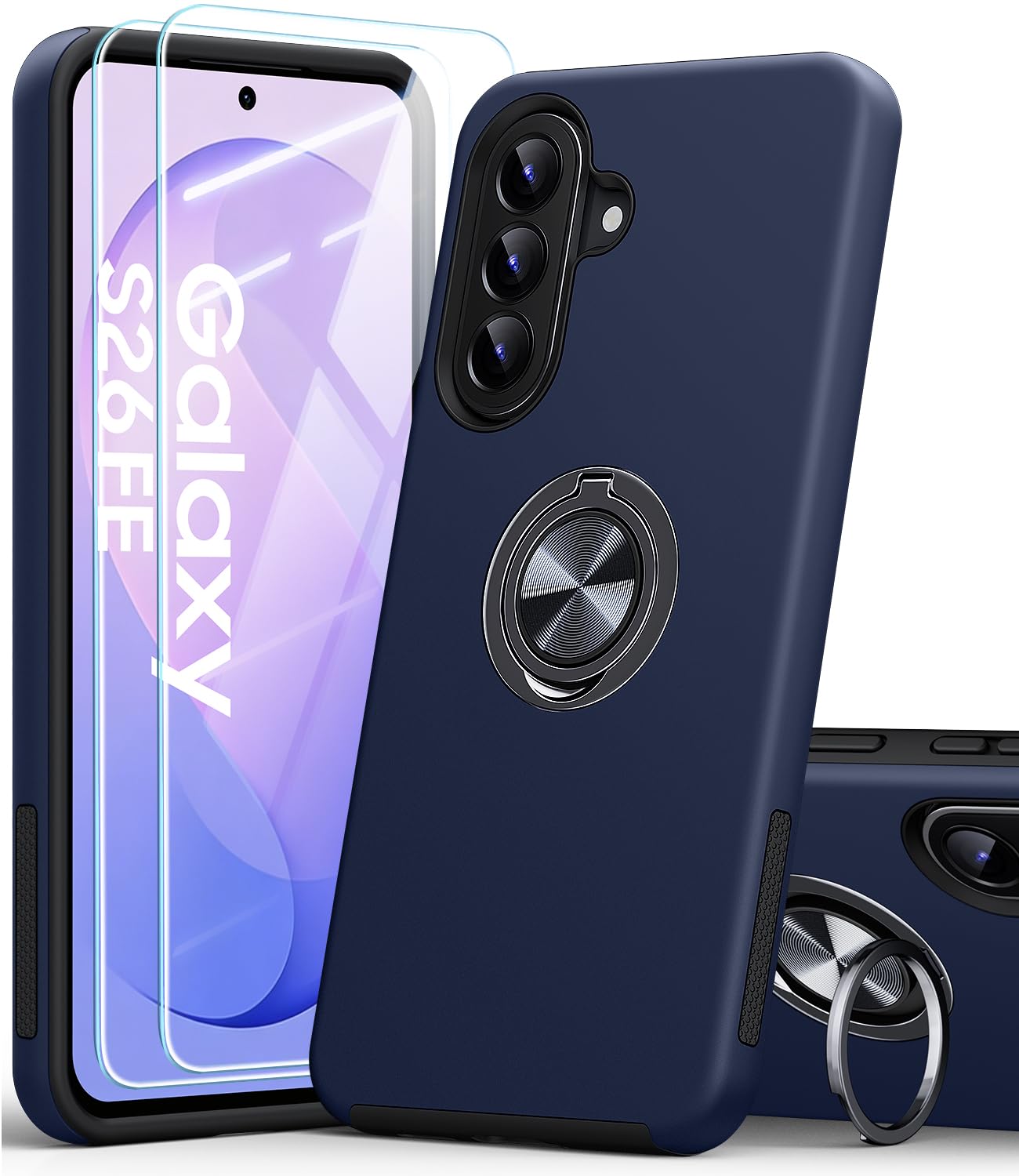 AOUIA für Samsung Galaxy S26 FE Hülle mit 2 Stück Panzerglas | Militärischer Stoßschutz S26 FE Hülle mit 360° Drehbarer Ring Kickstand Handyhülle für Samsung S26 FE, Blau