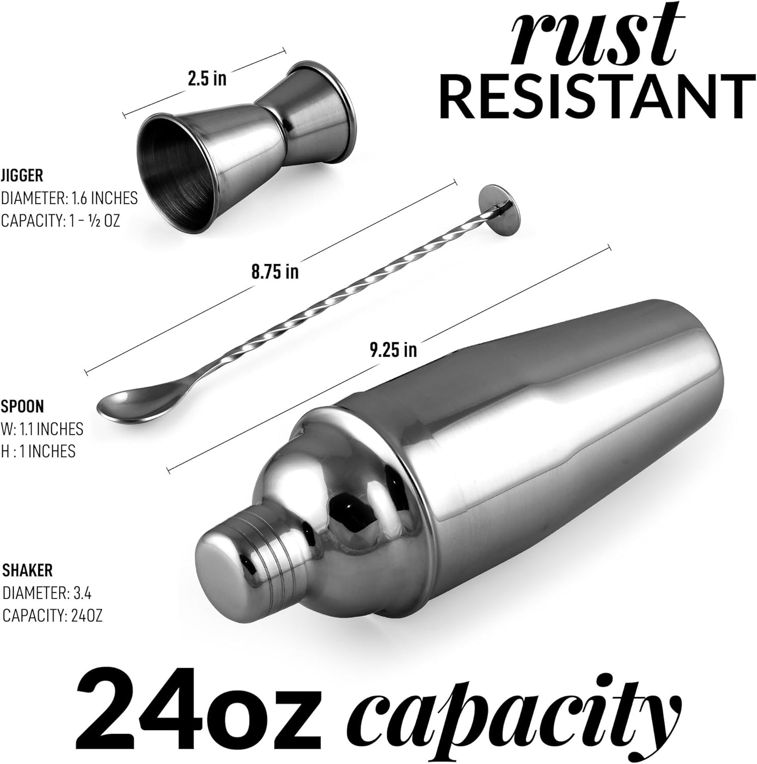 Large 24 oz Stainless Steel Cocktail Shaker Set - Mixed Drink Shaker - Martini Shaker Set with Built in Strainer, Double Sided Jigger & Combo Muddler Mixing Spoon - Pro Margarita Shaker - By Zulay