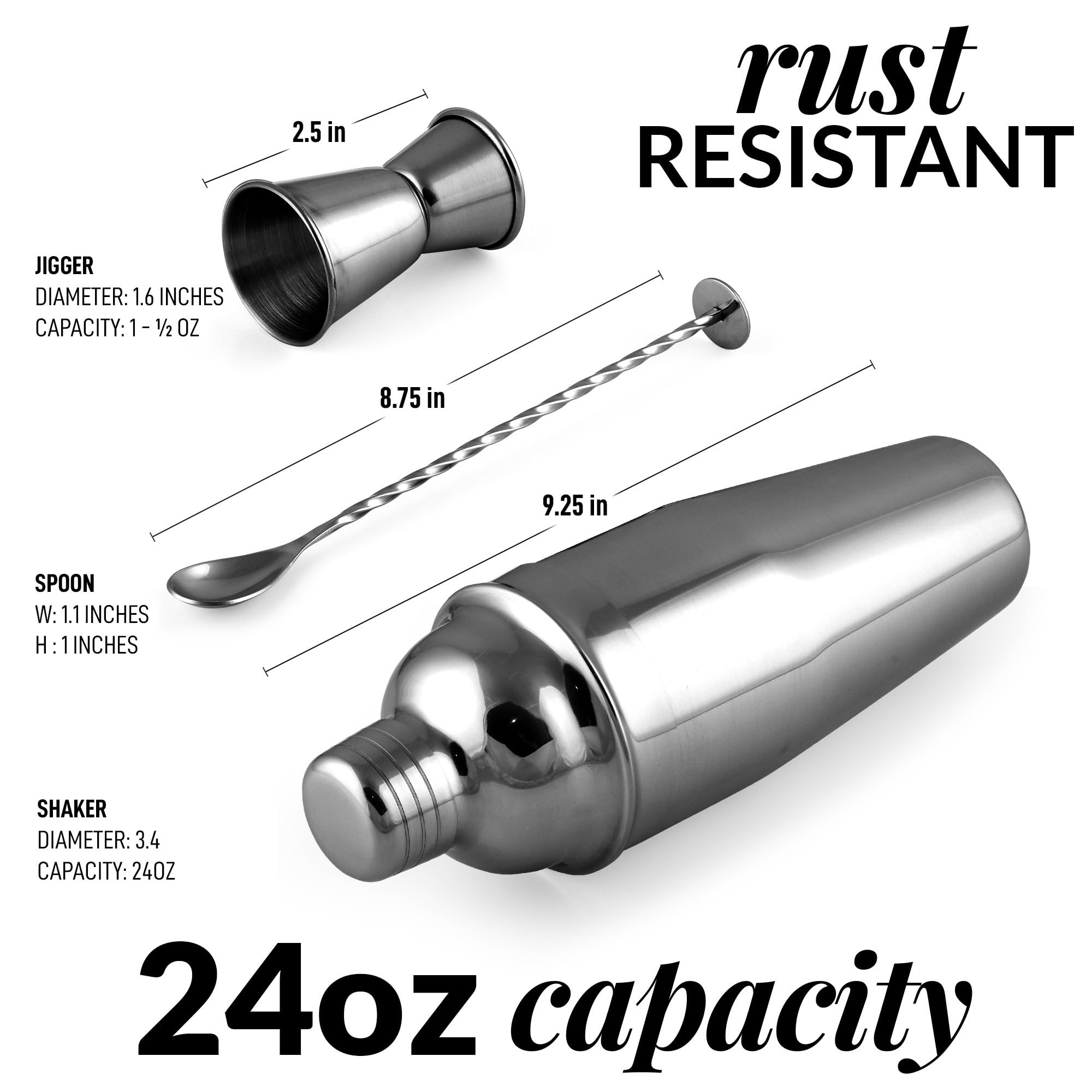 Zulay Cocktail-Shaker-Set (680 ml) – Professioneller Getränke-Shaker, Jigger & Cocktail-Löffel-Set – Premium Edelstahl Martini Shaker – Rostfreier Bar-Shaker mit Cocktail-Rezeptbroschüre (schwarz)