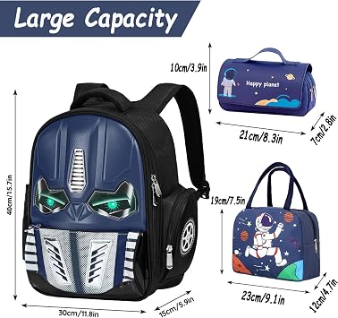 Kids Backpack for School, Boys Backpack with Lunch Bag and Pencil Case, Robot Backpack for Boys, Mochila Para Ninos
