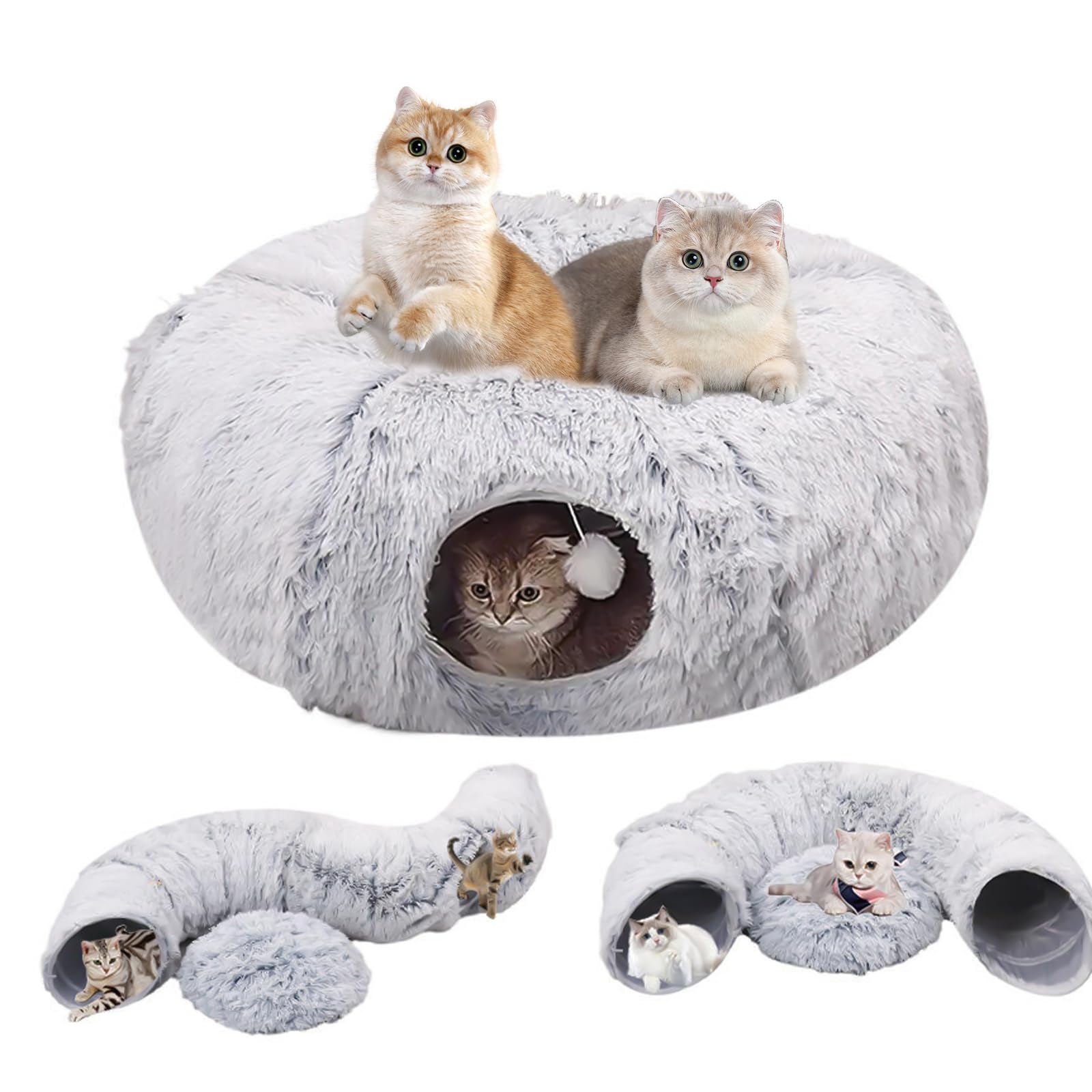 Katzentunnel, Tunnel für Katzen Rund mit Schlafplatz & Bed,Multifunktionales Faltbar Katzen Tunnel Katzenhöhle mit Spielball Interaktives Spielzeug für Indoor Kitten (Grau)