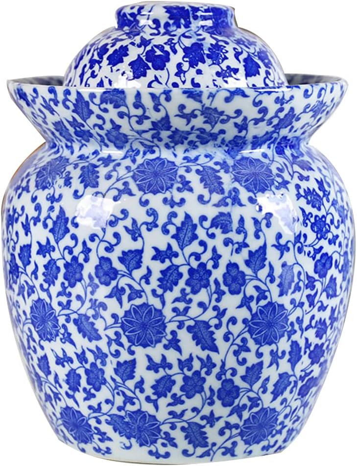 Blue Traditional Chinese Porcelain Pickle Jar, Ceramic Fermentation Crock Pickling Pot,Fermenting Jar with Water Seal Airlock Lid Stoneware Fermenter for Kimchi 7KG Jar