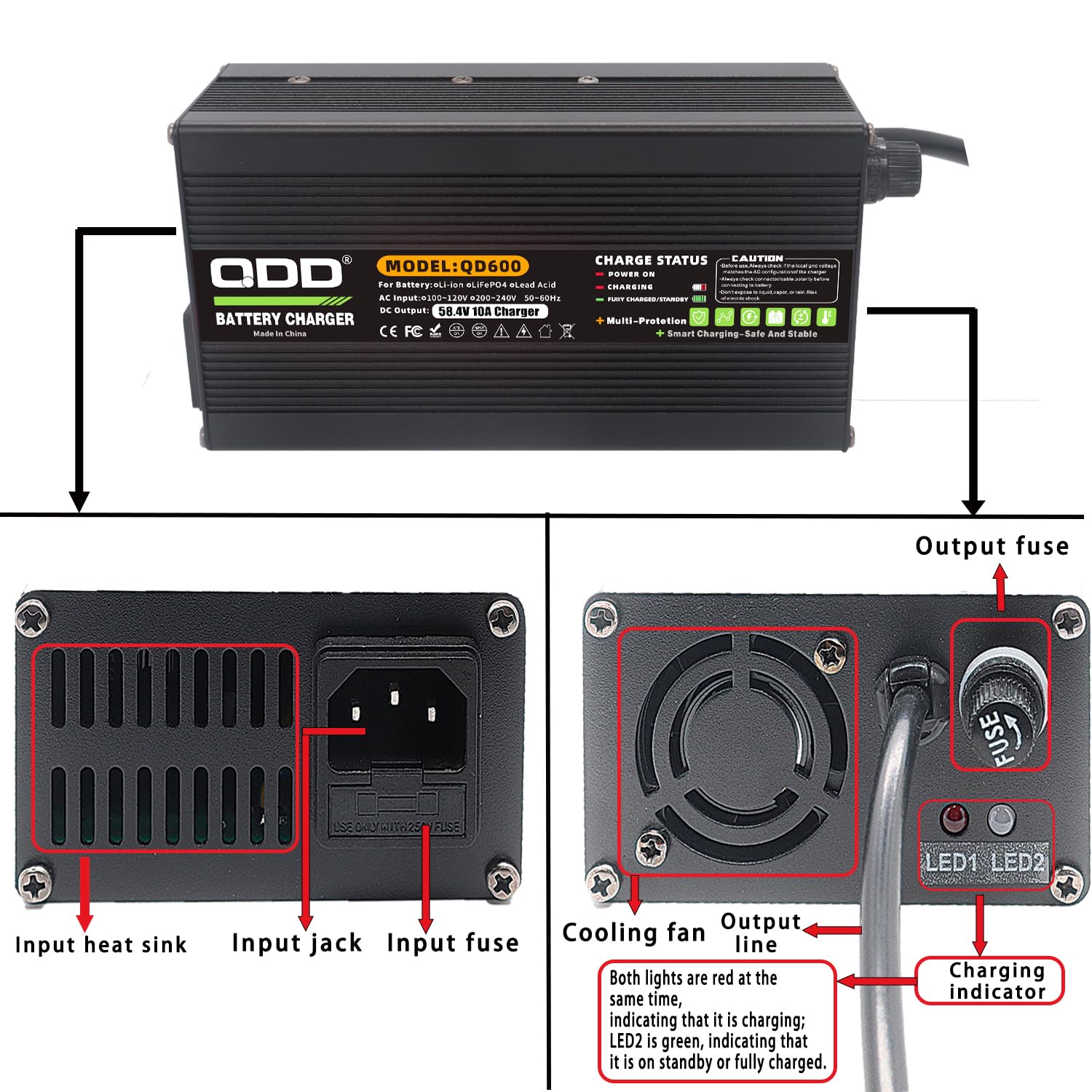 QDD Chargeur de Batterie 58,4 V 10 A Chargeur de Batterie 48 V LiFePO4 pour Pack de Batterie 16 S 48 V LiFePO4 Chargeur Intelligent Complet avec Connecteur à Pince Crocodile