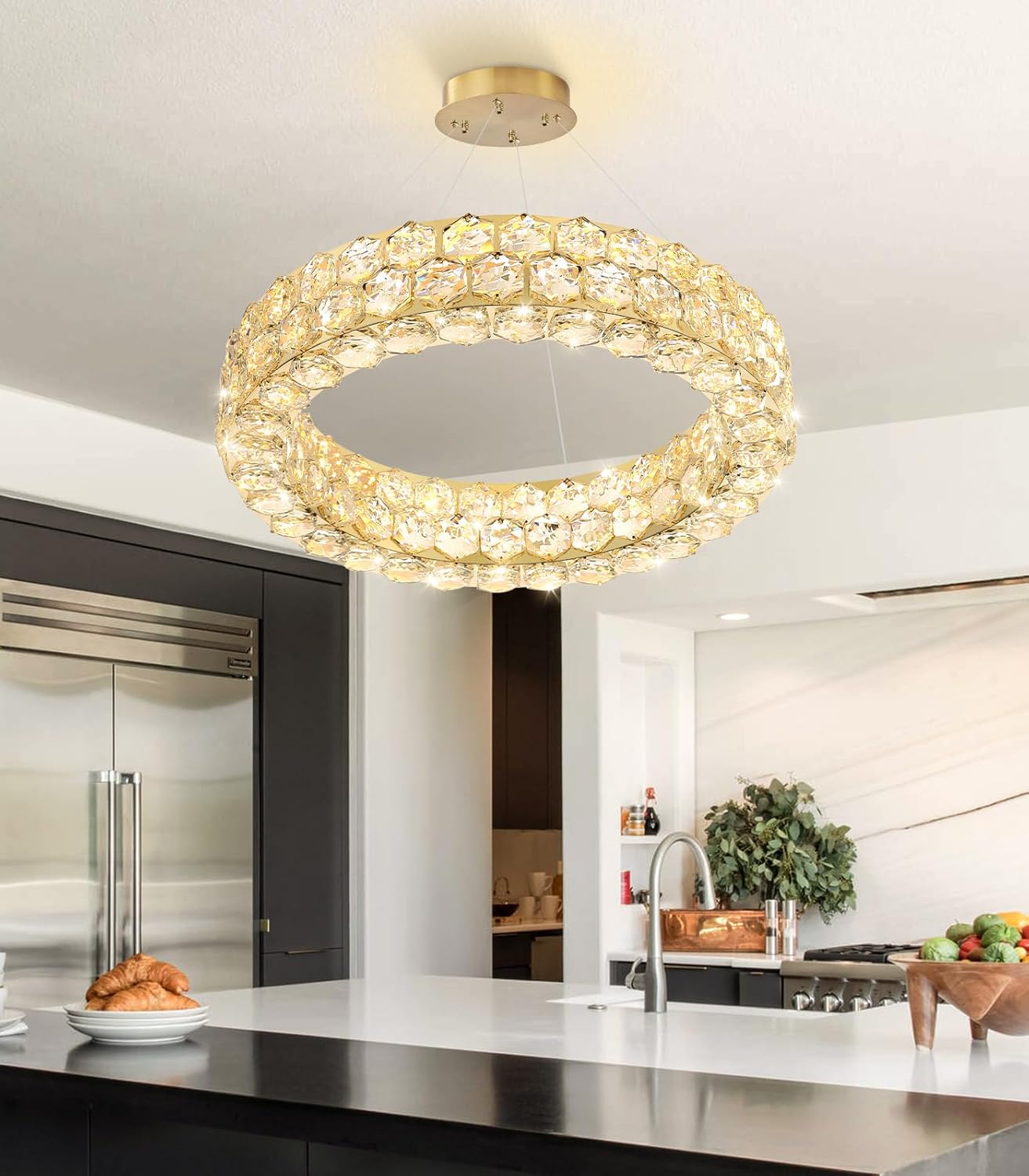 Modern Crystal Chandelier Ring Chandeliers for Dining Room Living Room Round LED Dimmable Ceiling Light Fixture for Bedroom Hallway Foyer Gold