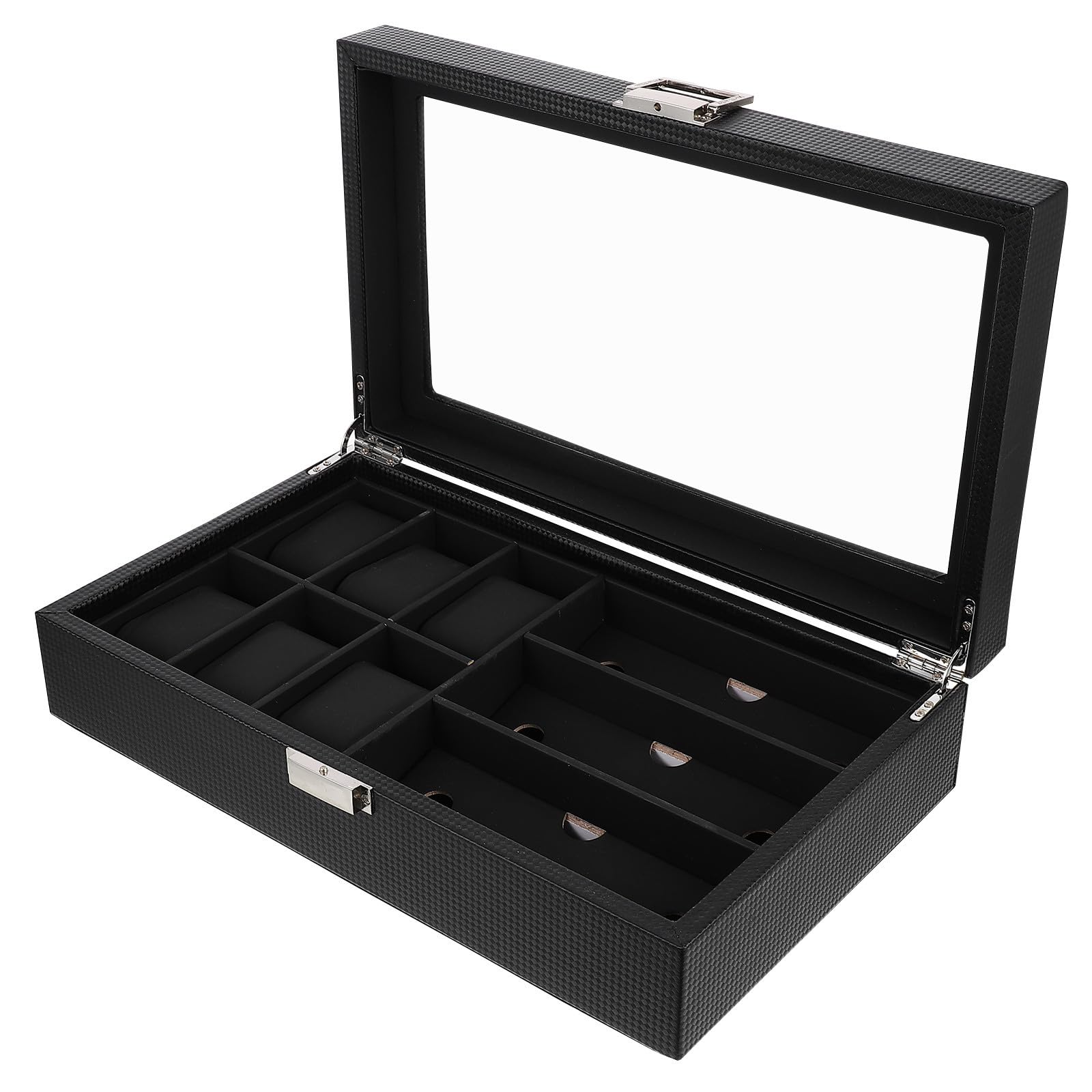 Veemoon Caja para Gafas y Reloj de 6 Compartimentos Vidrio Negro