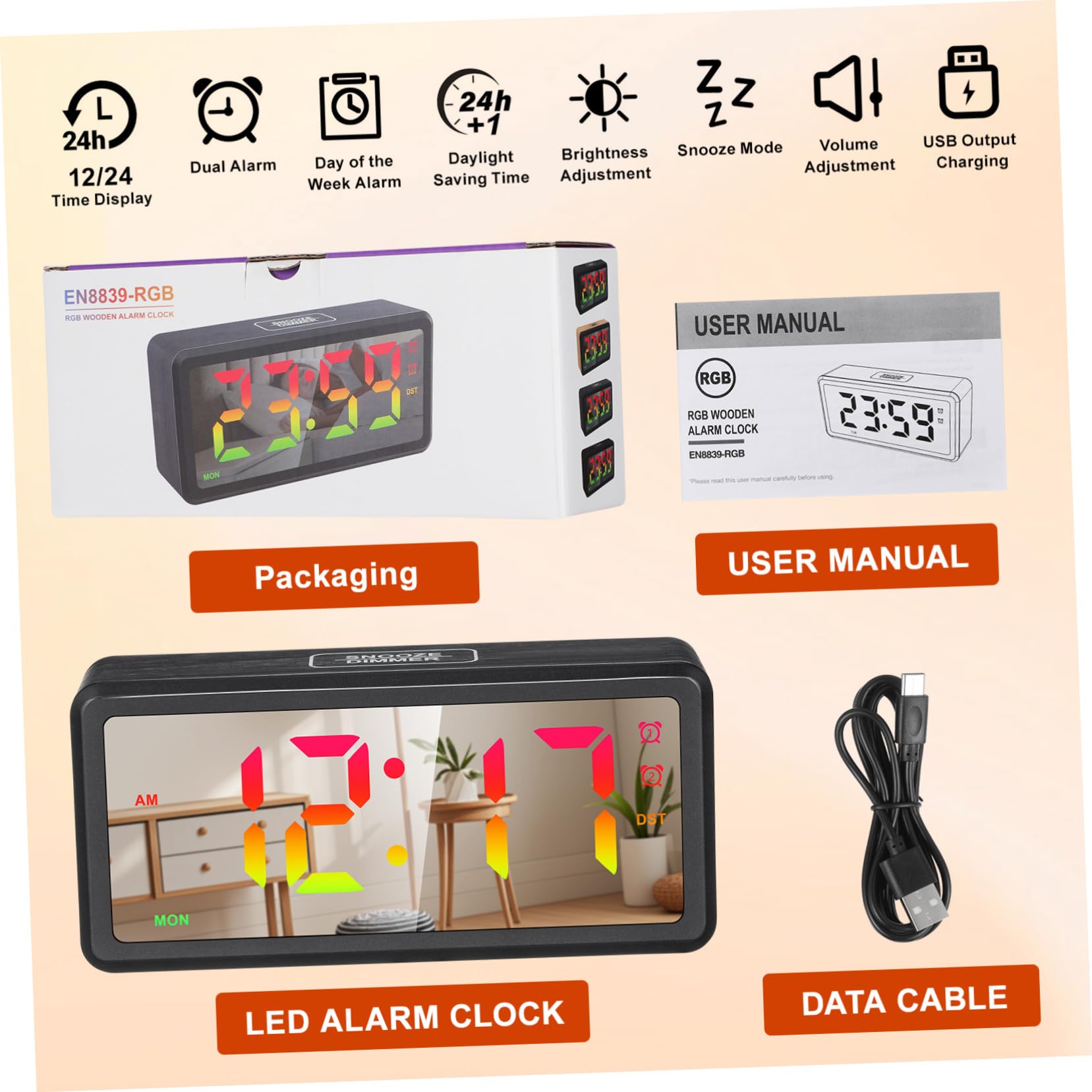 Reloj Despertador Digital LED con Ajuste Manual DST Iluminación RGB Regulable Indicador Claro de Días Semana para Mesilla de Dormitorio y Escritorio