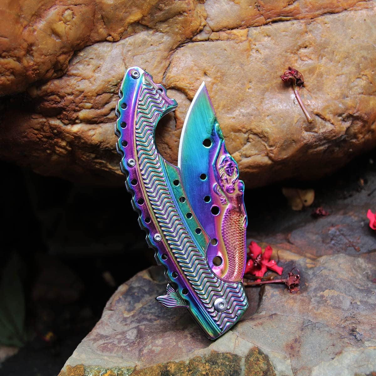 Generic Folding Pocket Knife - Mermaid Multi-Function Tools - Spring Assisted Opening Utility Knife - Multi Color Rainbow