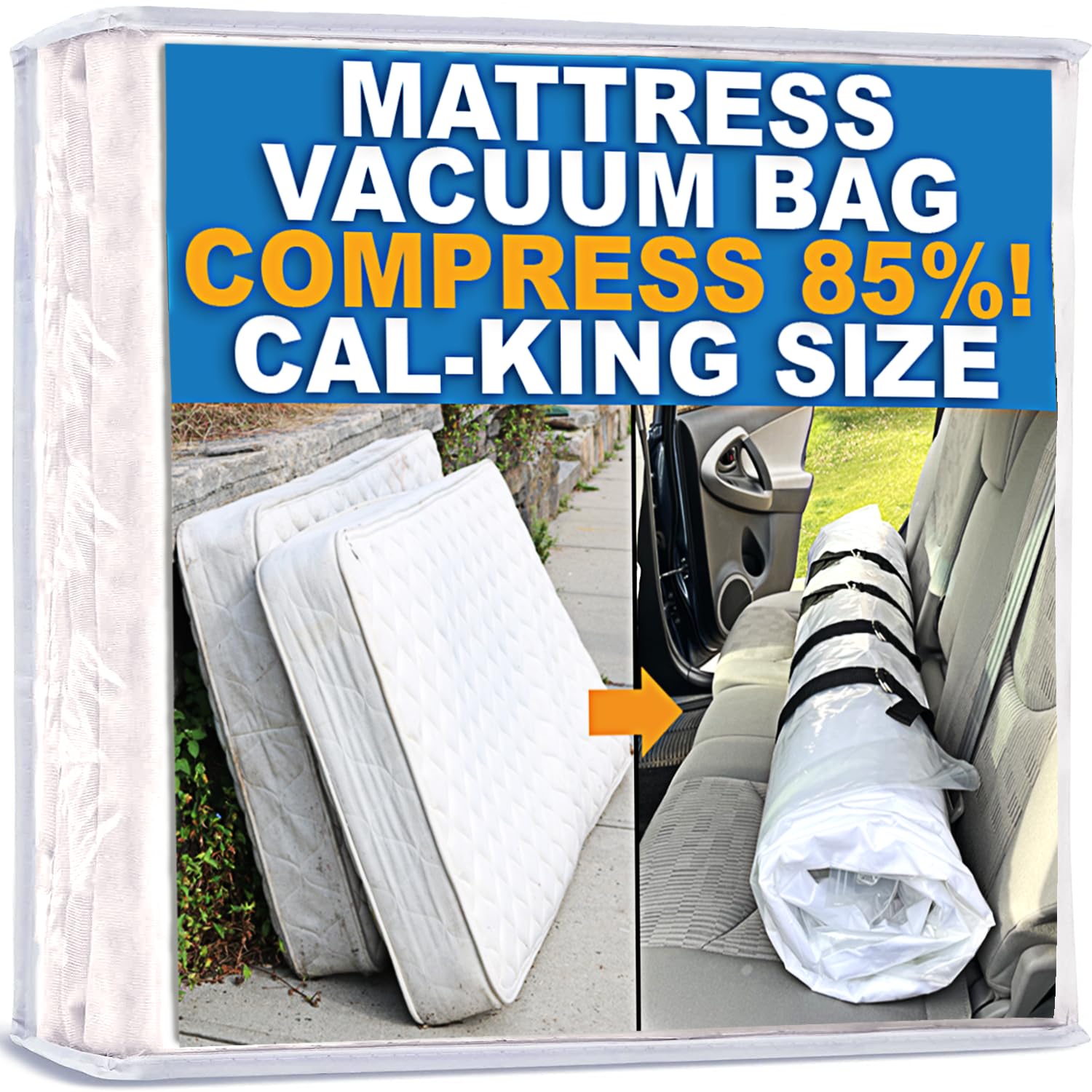 Mattress Vacuum Bag For Moving, Vacuum Seal Mattress Bag for Memory Foam or Inner Spring Mattresses, Compression and Storage for Returns, Leakproof Valve and Double Zip Seal (Cal-King)