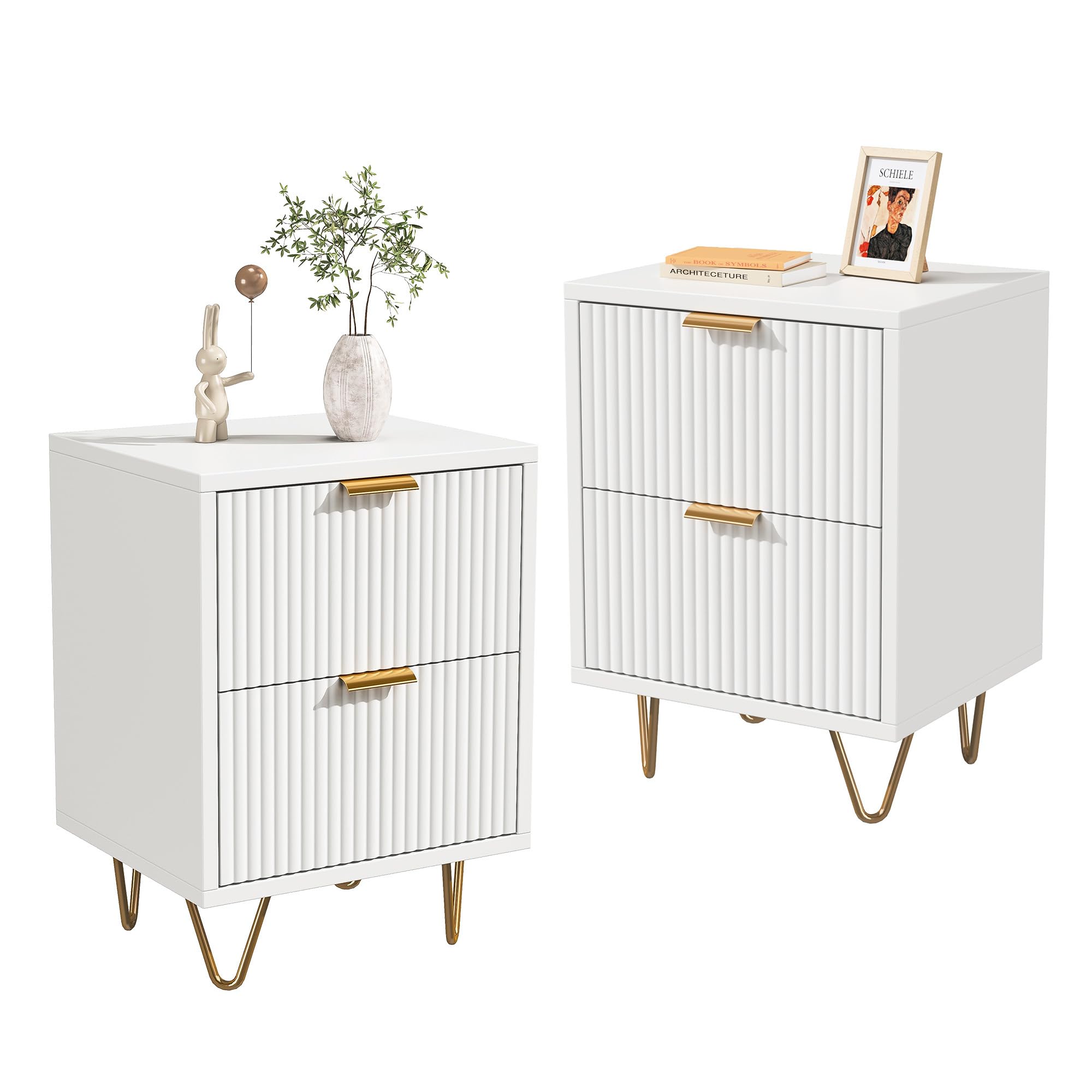 Juego de 2 mesitas de Noche, mesas Bajas con 2 cajones, Mesa Auxiliar con Patas y Asas Doradas, tocador Acanalado con diseño de Ola y cómoda Moderna, Mueble de Almacenamiento (Blanco, 40 x 40 x 55)