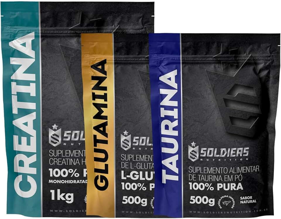 Soldiers Nutrition, Kit: Creatina Monohidratada 1Kg + Glutamina 500g + Taurina 500g - 100% Pura Importada - Soldiers Nutrition