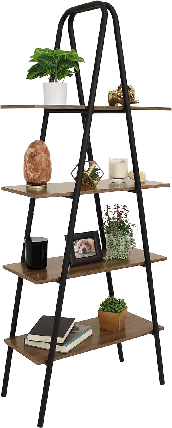 Sunnydaze 68.5-Inch H 4-Tier Industrial-Style A-Frame Ladder Shelf - MDP Shelves with Powder-Coated Steel Frame - Brown