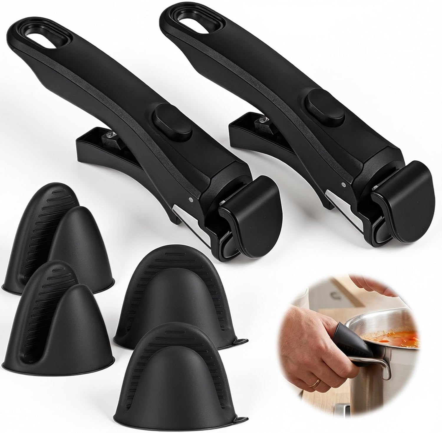 2 PCS Removable Handle with 4 Silicone Oven Mitts Heat Resistant, 7.5 Inch Detachable Pot Handles, Universal Pan Handle, Replacement Handles for Pots and Pans, Fits All Cookware