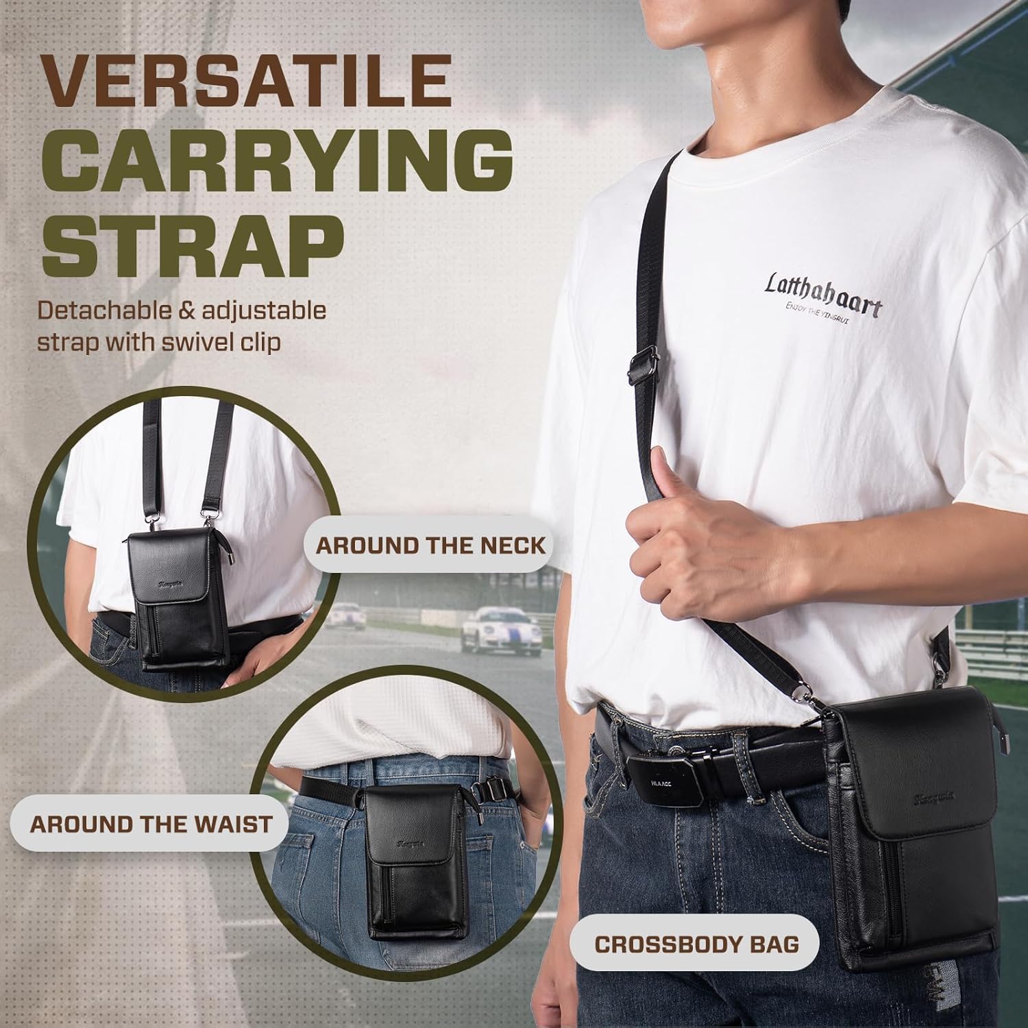 Hengwin Genuine Leather Small Crossbody Bag for Men Women, Cellphone Belt Pouch Bag, Travel Passport Wallet, Shoulder Holster (Black)
