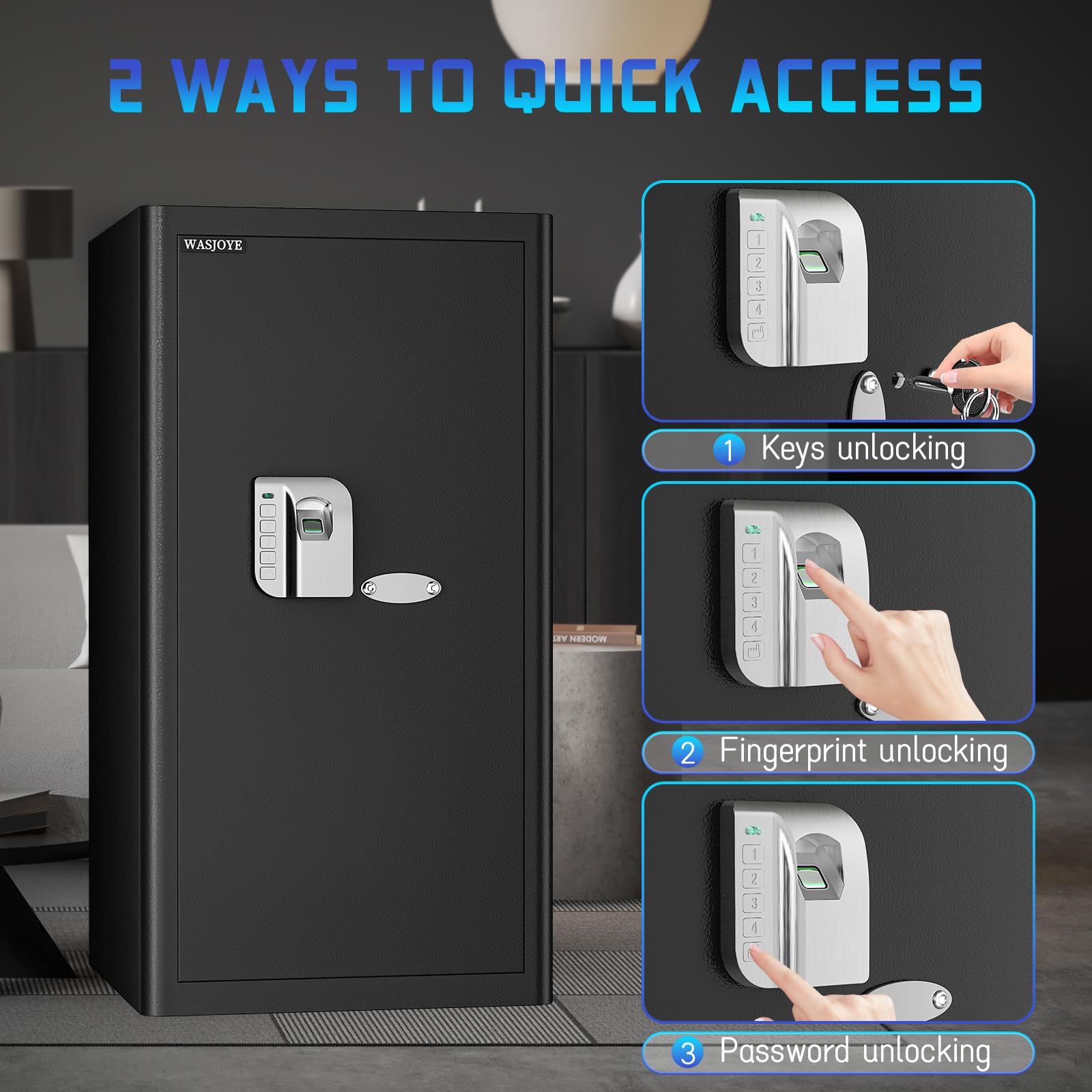 WASJOYE 103L Großer Fingerabdruck Tresor für Zuhause, Safe mit Feuerfeste Schublade, Biometrischer Möbeltresore, Tresor mit 2 Schlüssel, Büro Hotel Geld Dokument Schmuck Reisepass, 70 * 37 * 40cm