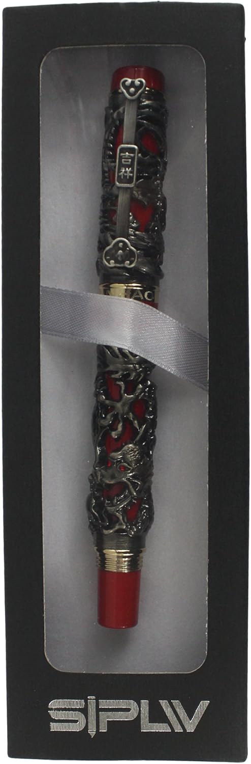 Auspicious Dragon and Phoenix Fountain Pen, 3D Metal Engraving, Medium Nib, Ancient Silver with Red