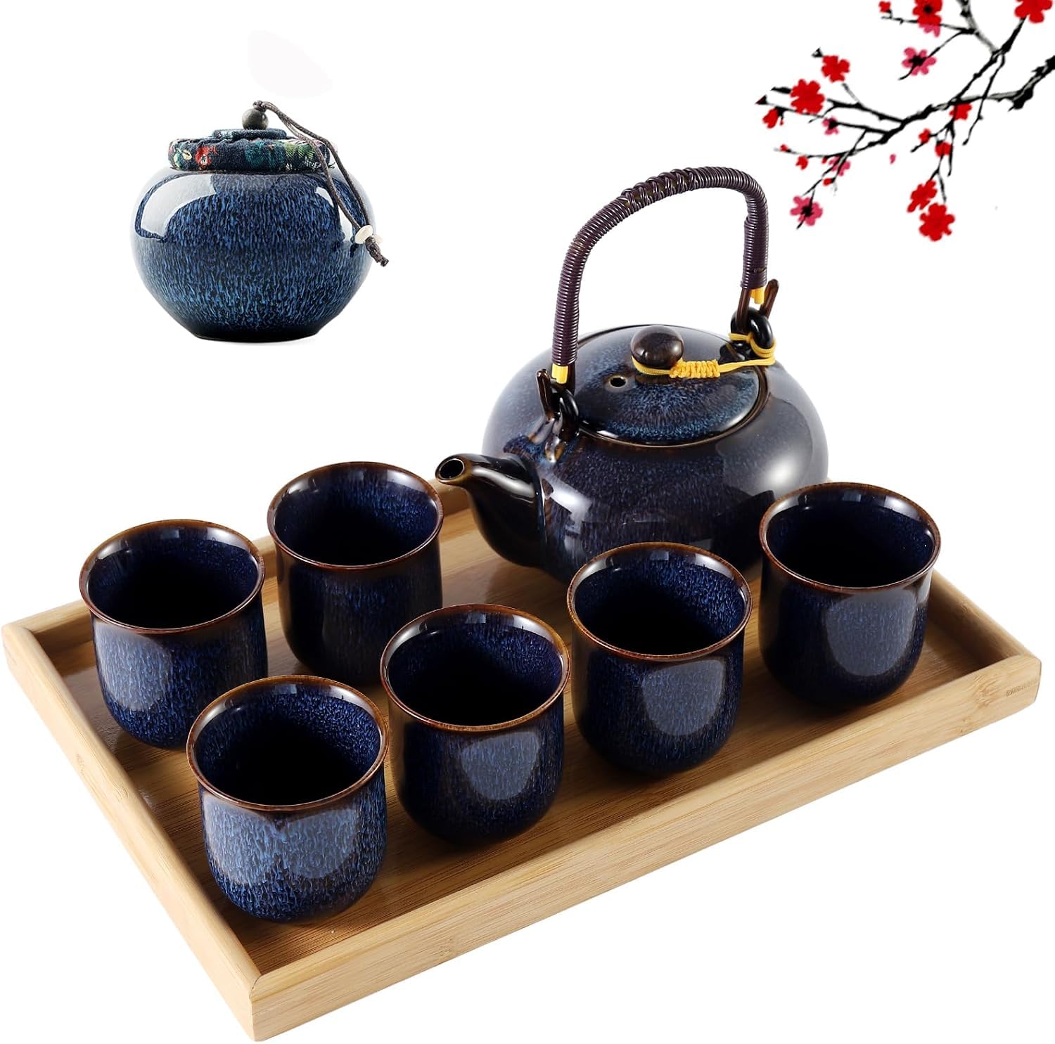 DUJUST Japanisches Teeset für 6 Personen & Teedose, ofenmodifizierte Glasur Porzellan-Teeset mit 1 Teekanne, 6 Teetassen, 1 Teetablett & 1 Teedose, einzigartiges Teeset für Erwachsene/Tee-Liebhaber
