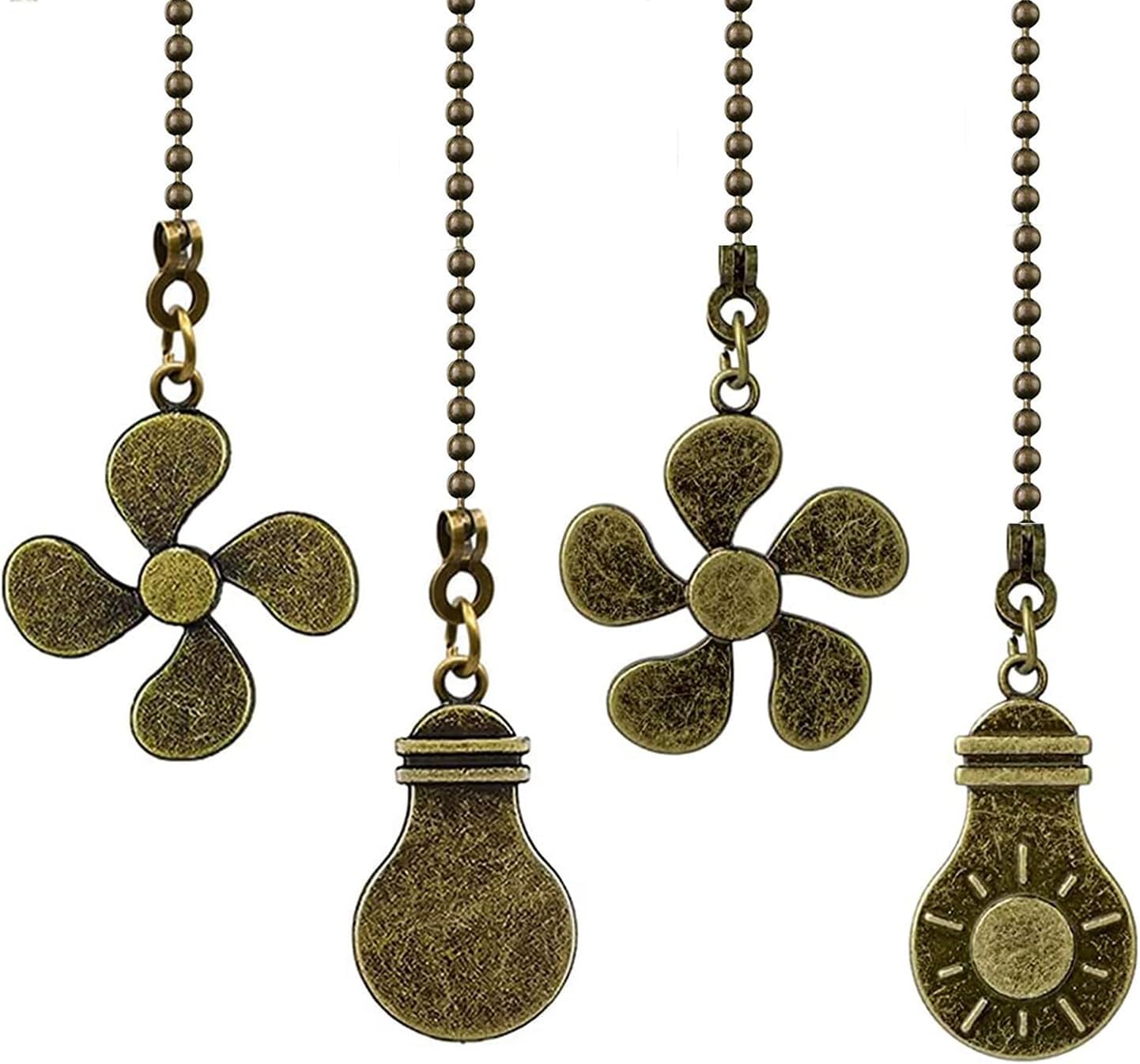 Ceiling Fan Pulls, fan Pull Chain Set with Connector,Fan Chain Extender Ornaments Fan and Light Bulb Shaped Moon and Sun Pull Chain Set 4 Pack 3mm Diameter 12 Inches Beaded Ball Fan Pull Chain, Bronze