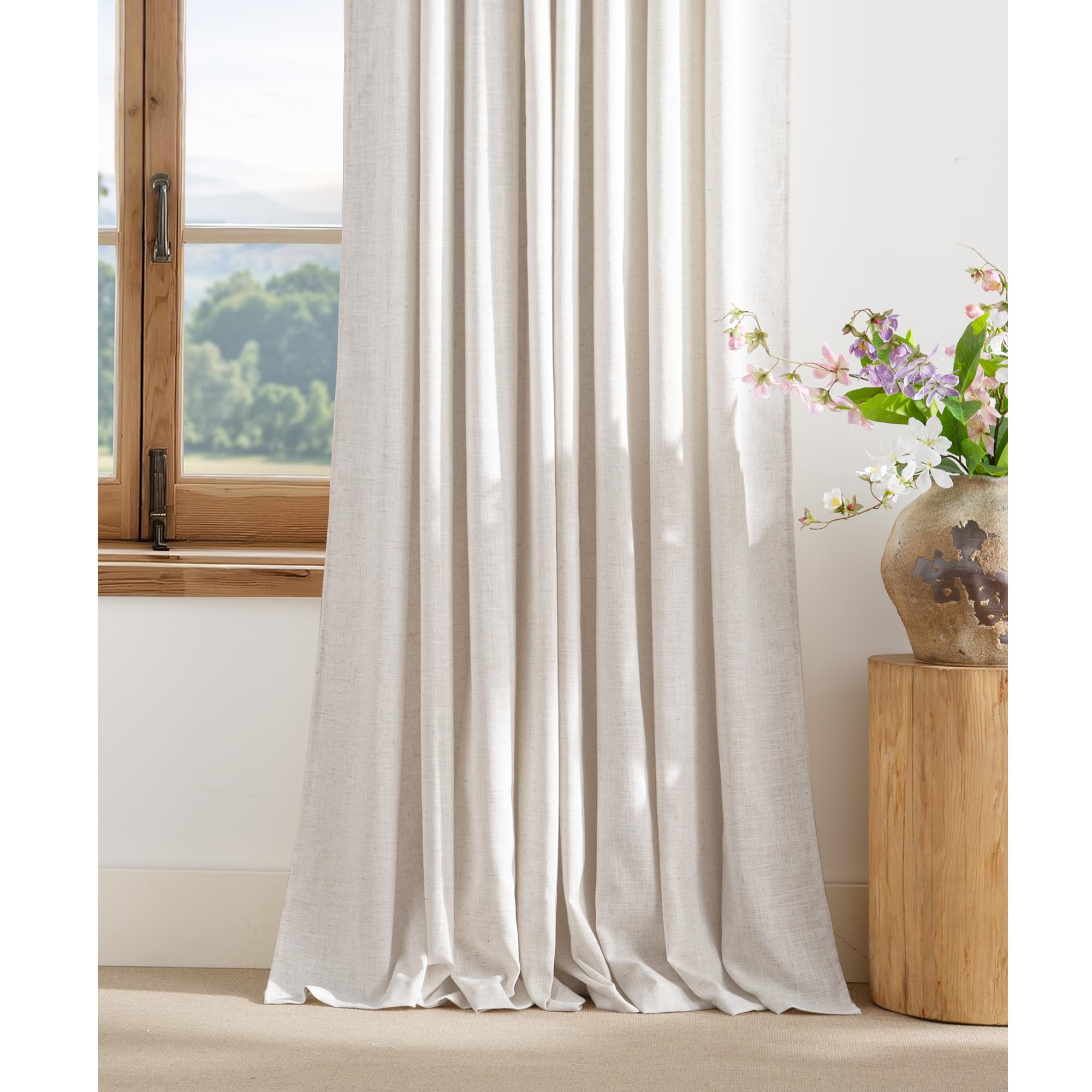 PONY DANCE Spesse Tende di Lino per Soggiorno 2 Pezzi 140x260 CM Tende Lino per Camera da Letto Moderna Curtains Semitrasparenti con Anelli per Salotto Eleganti, Crema