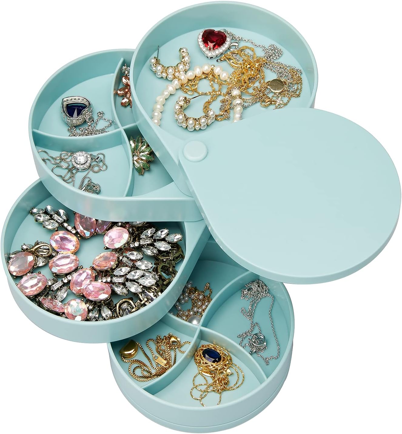 LETURE Small Jewelry Organizer, Ring Earrings Necklace Bracelet Bangle Watch Jewelry Storage Box for Women, 4-Layer Rotating Travel Jewelry Tray Case with Lid (Blue)