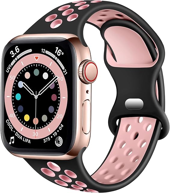 Epova Silicone Sport Strap Compatible with Apple Watch Strap 38mm 40mm 41mm, Breathable Replacement Straps for iWatch SE Series 8 7 6 5 4 3 2 1, Black/Pink, Small