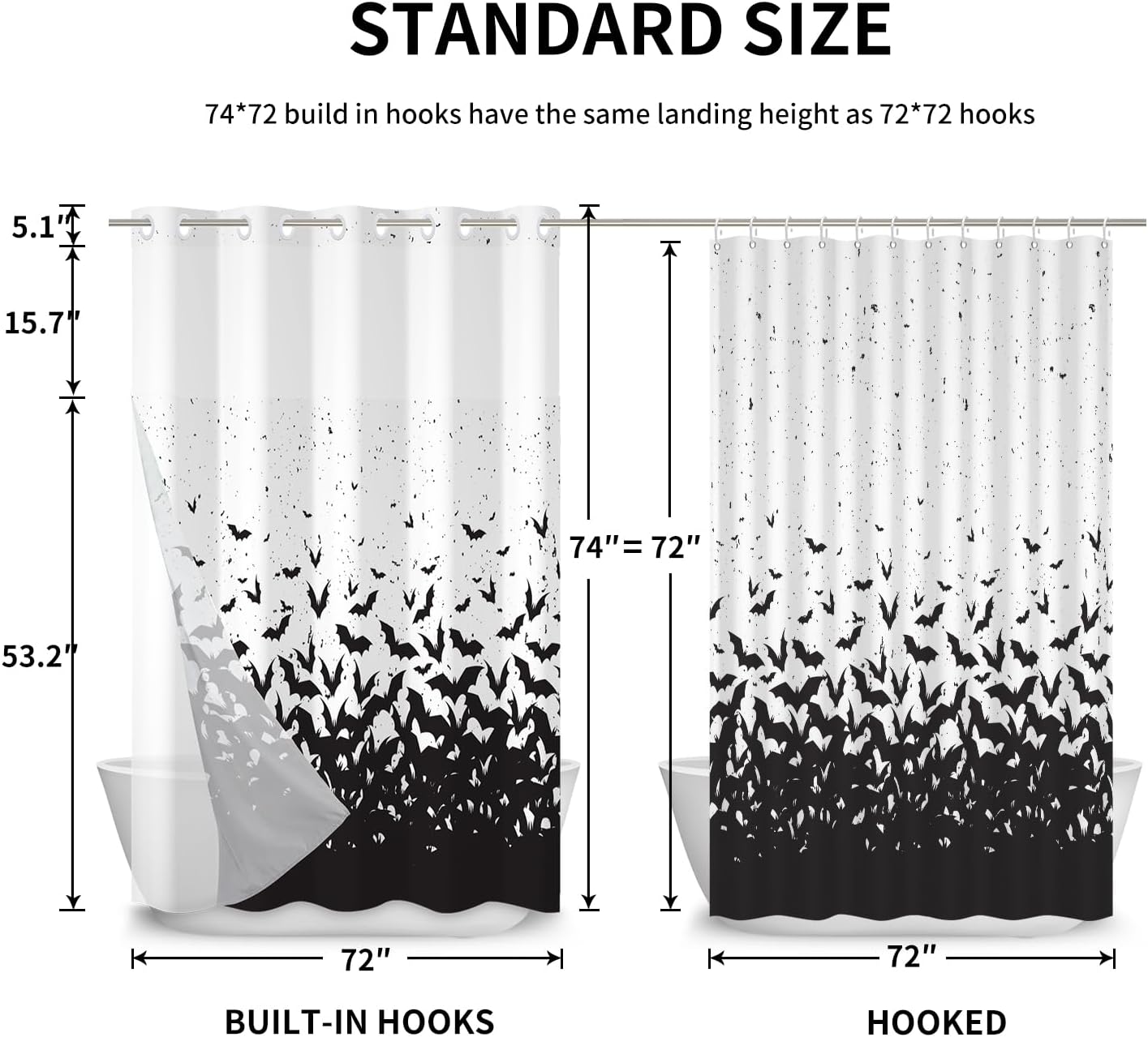 No Hook 3 in 1 Waterproof Halloween Shower Curtain with Snap-in Liner Set, Double Layers Shower Curtains, Bats Spooky Style Fabric Bath Curtain for Bathroom,Polyester 71''x74''