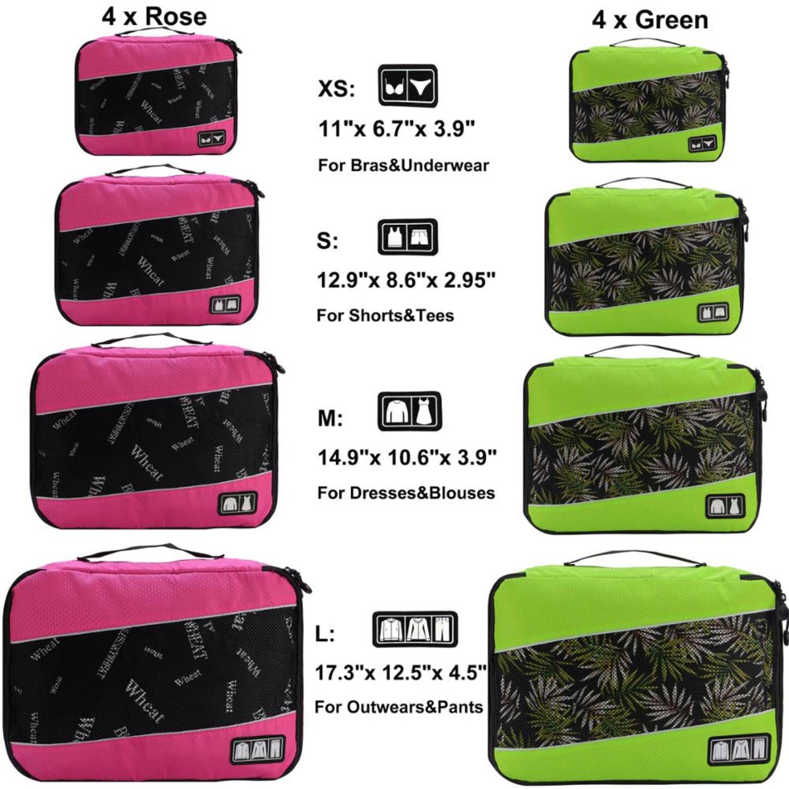 4-częściowy zestaw Organizer do walizki Kostka do pakowania podróżnego Nylon Oddychający Mężczyźni Kobiety Organizator bagażu Zestaw kostek-4 sztuki Róża (4 sztuki Róża L, M)