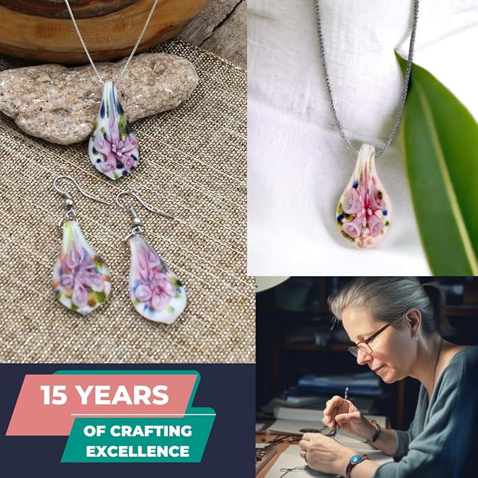 BESHEEK Murano Inspired Blown Glass Lampwork Art Earrings and Necklace Pendant Set, Hypoallergenic Italian Style Jewelry, Unique Gift for Her
