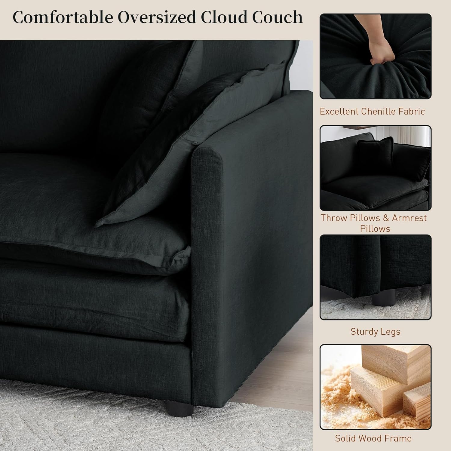 146.5” Oversized Modular Sectional Sofa, Comfy Chenille U Shaped Sectional Couch with Deep Seat, Large 6 Seater Cloud Couches for Living Room, Spacious Space, Black